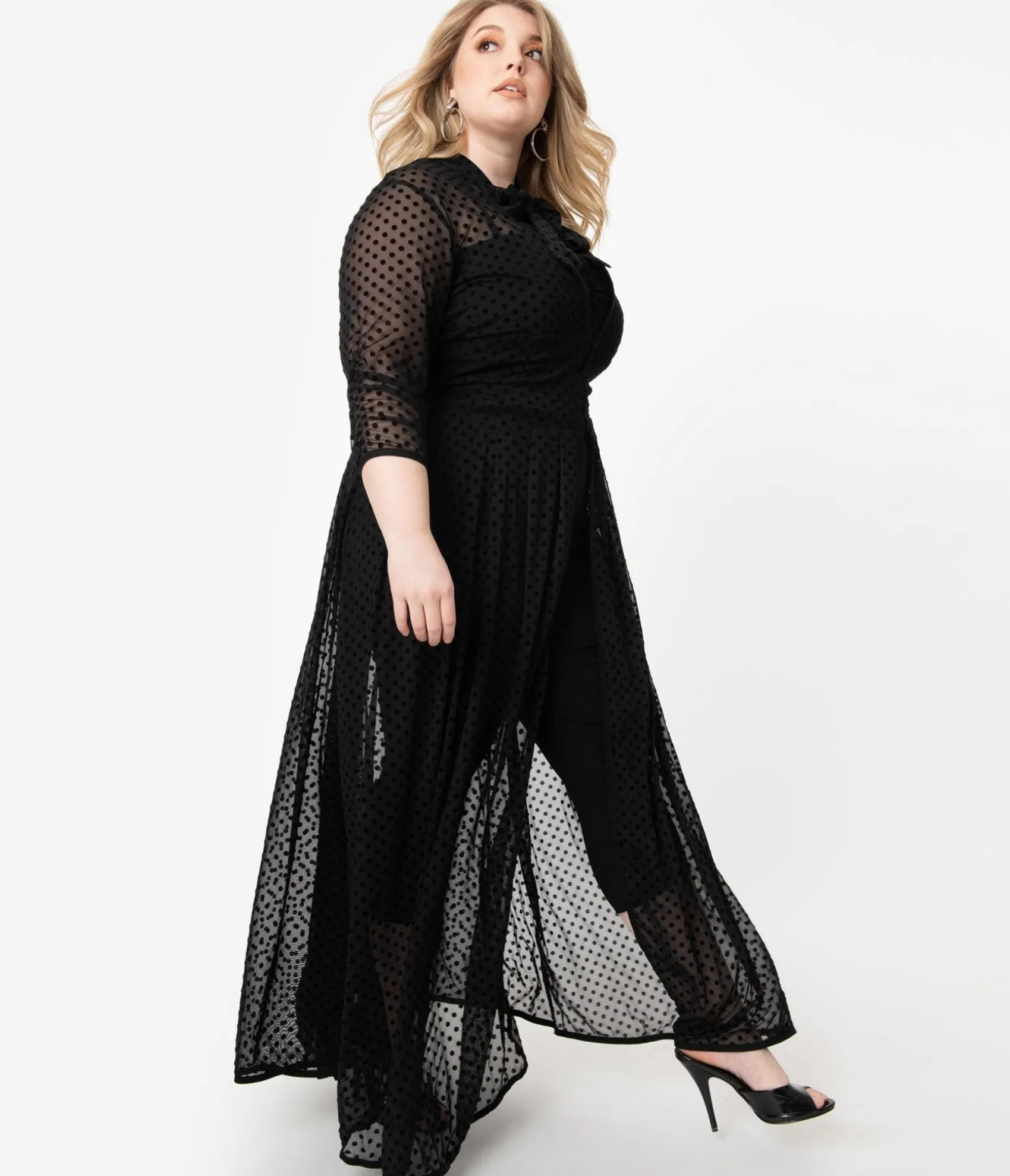 Unique Vintage Plus Size Black Swiss Dot Starlet Duster Cheap