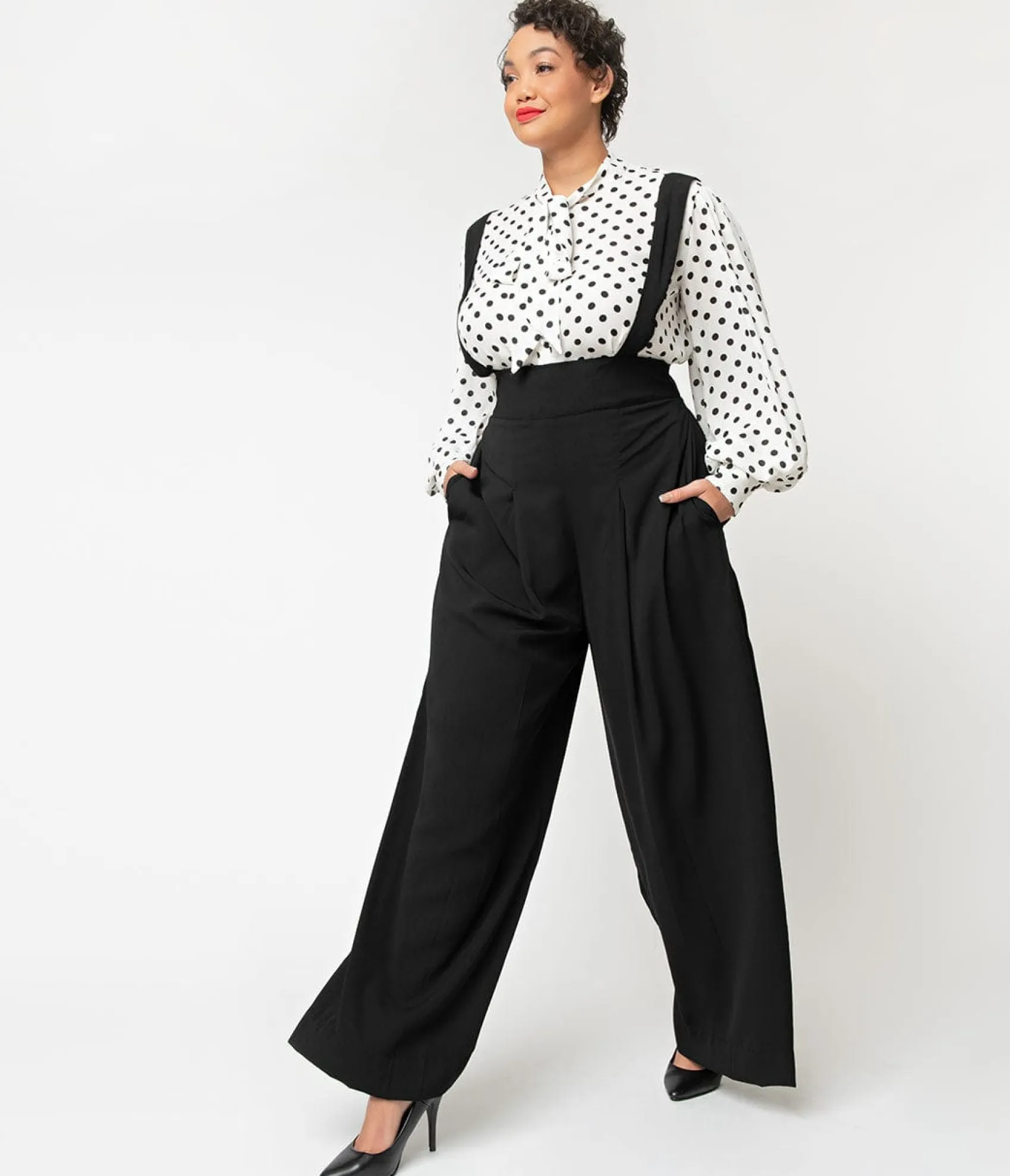 Unique Vintage Plus Size Black Wide Leg Rochelle Suspender Pants Flash Sale