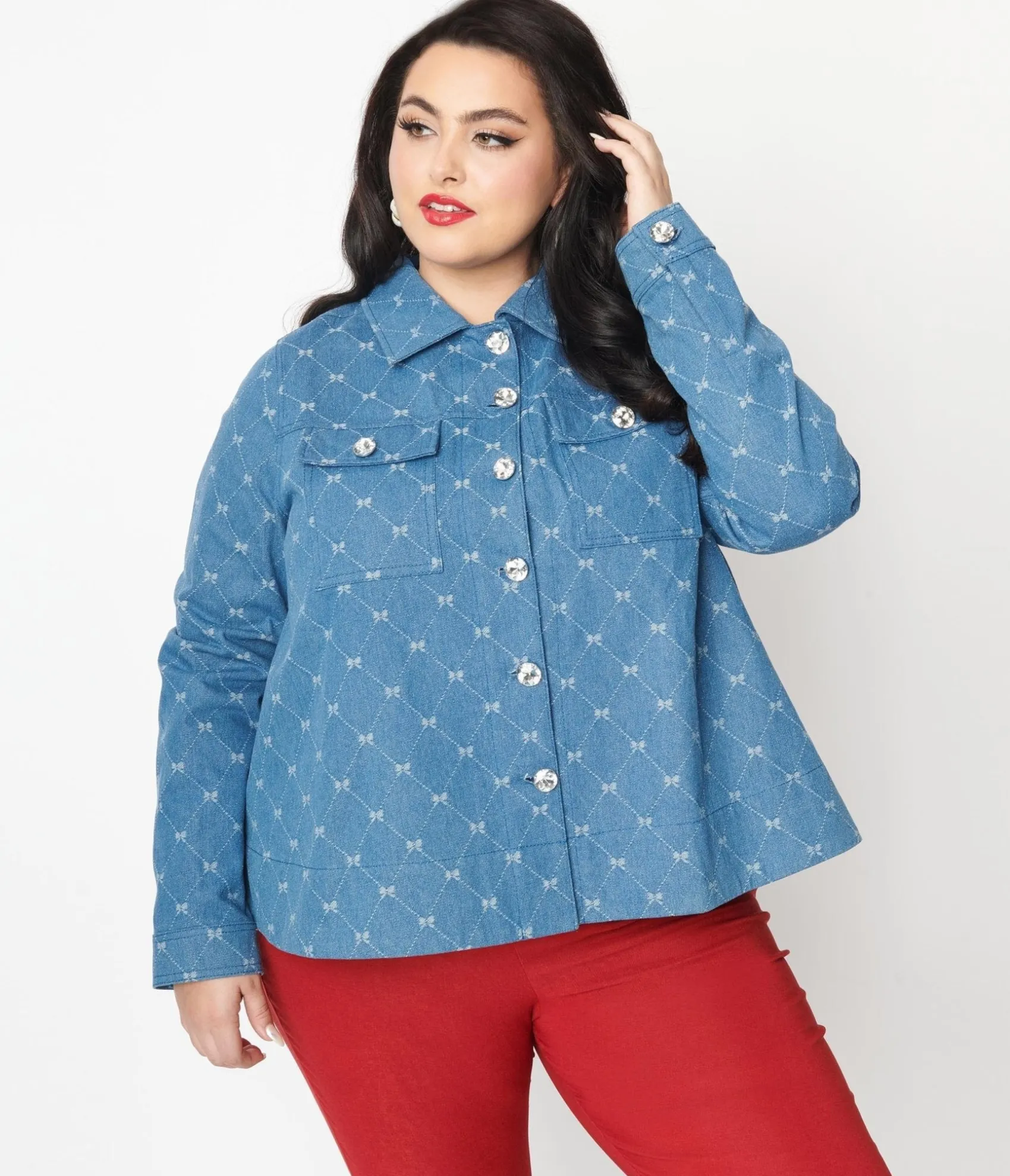 Unique Vintage Plus Size Blue Bow Denim Jacket Hot