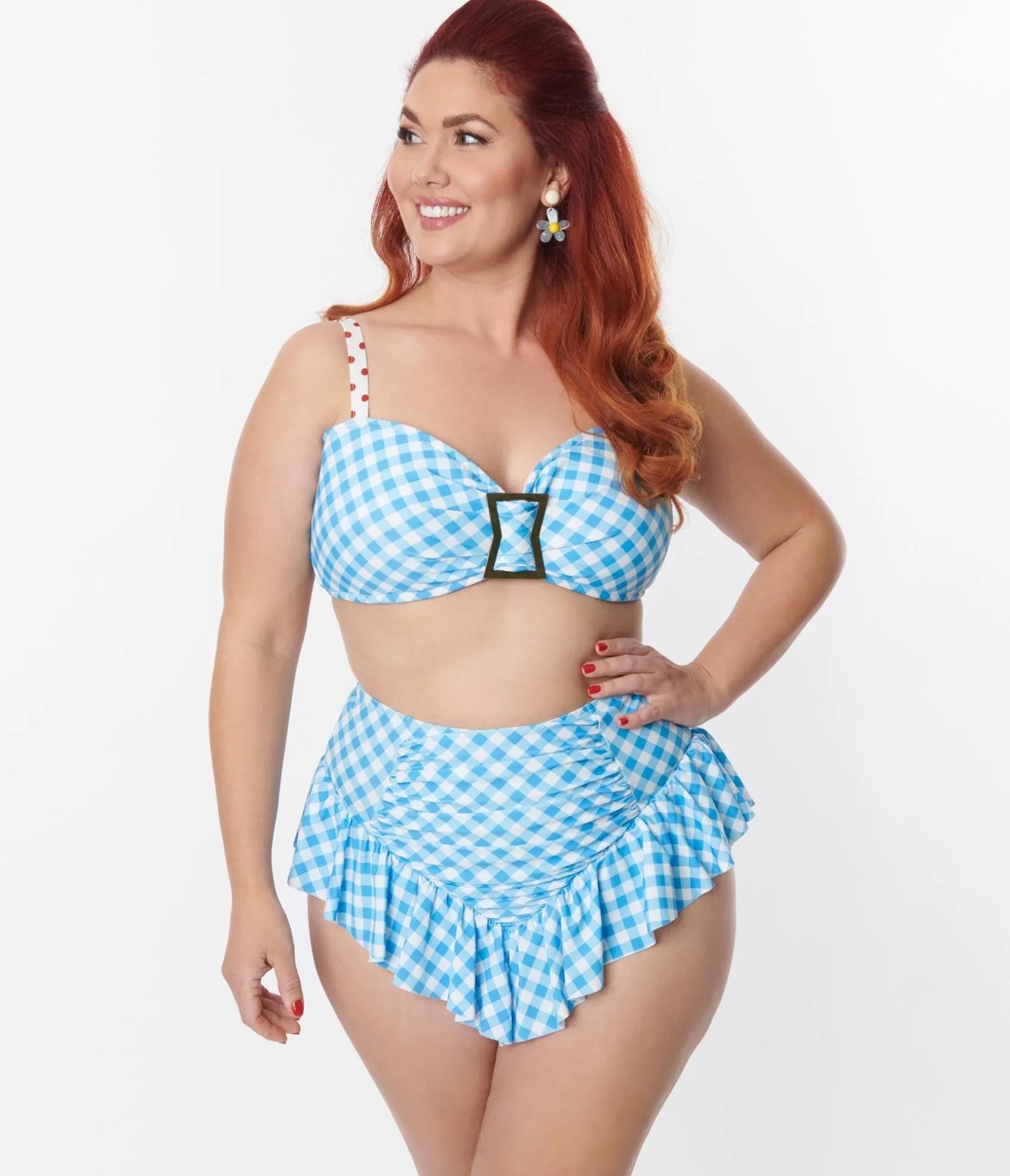 Unique Vintage Plus Size Blue Gingham Buckle Swim Top Fashion