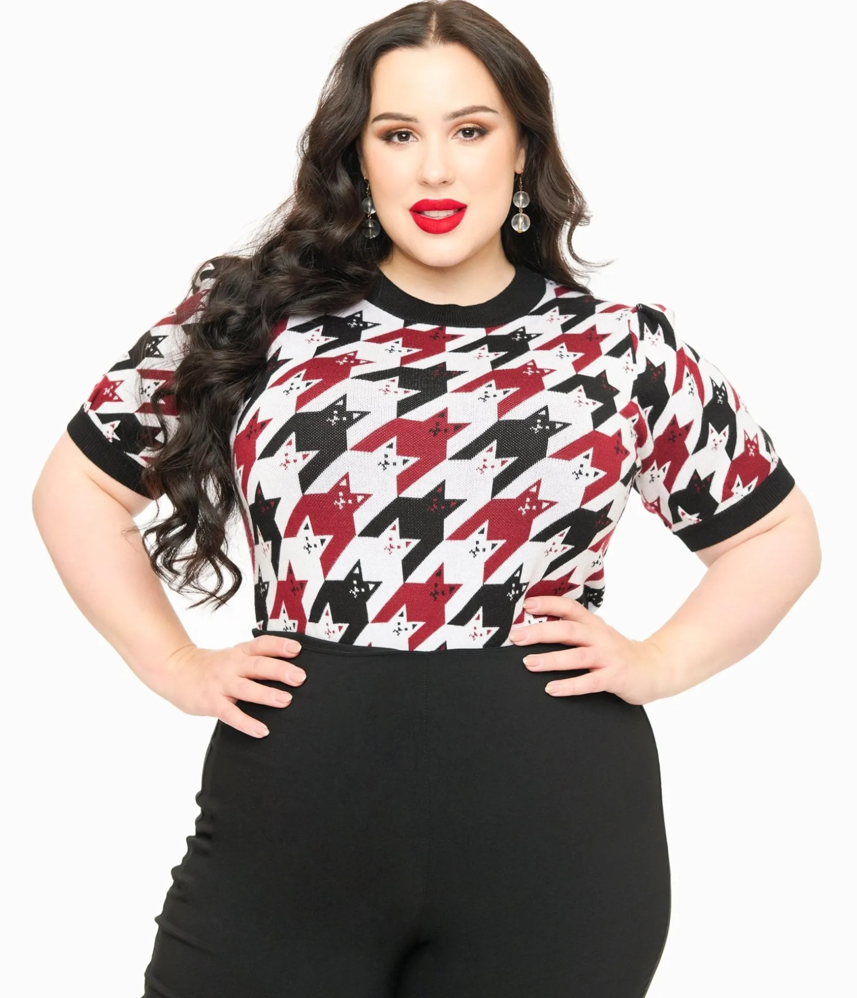 Unique Vintage Plus Size Burgundy & Black Cat Houndstooth Paige Sweater Shop