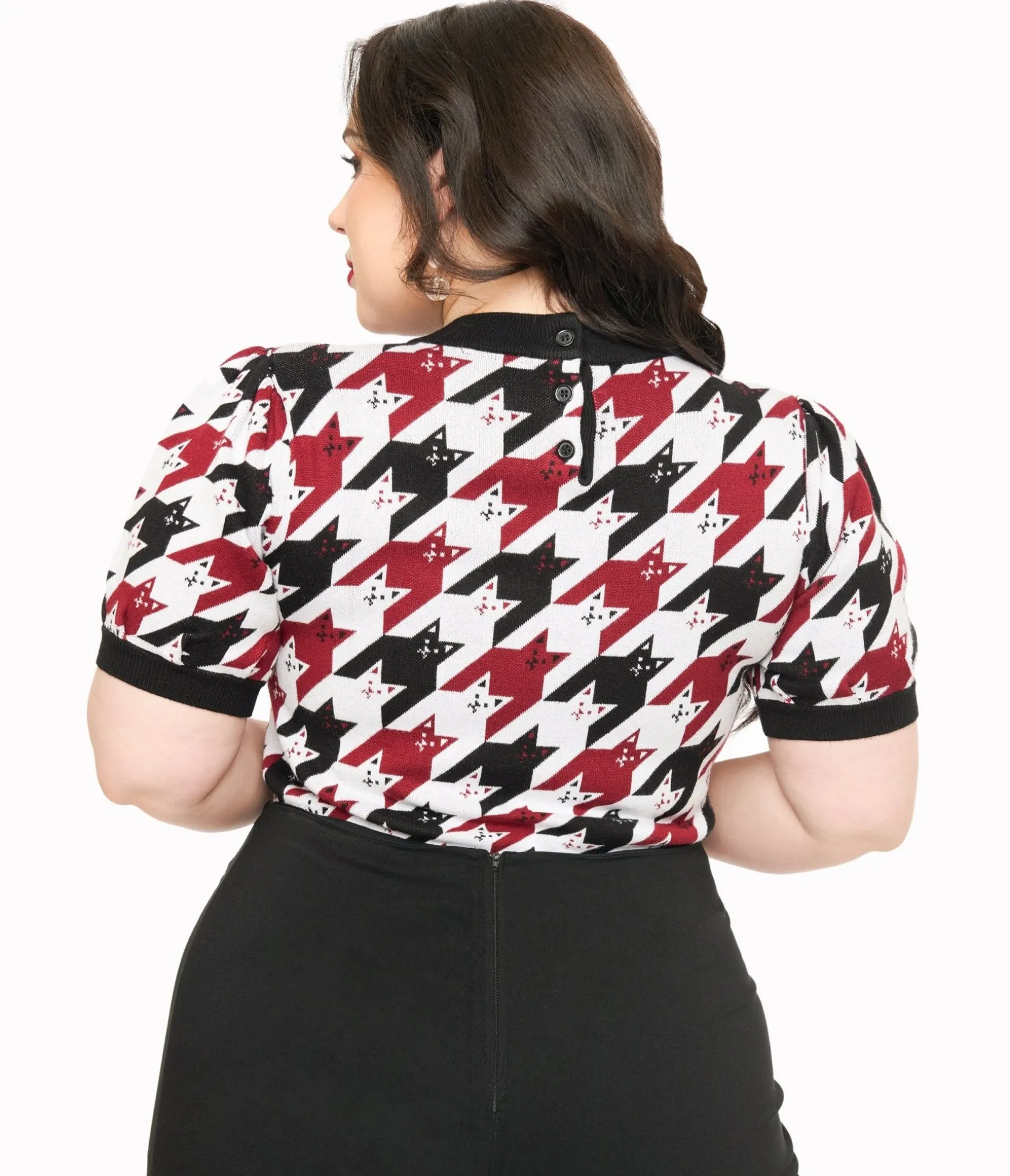 Unique Vintage Plus Size Burgundy & Black Cat Houndstooth Paige Sweater Shop