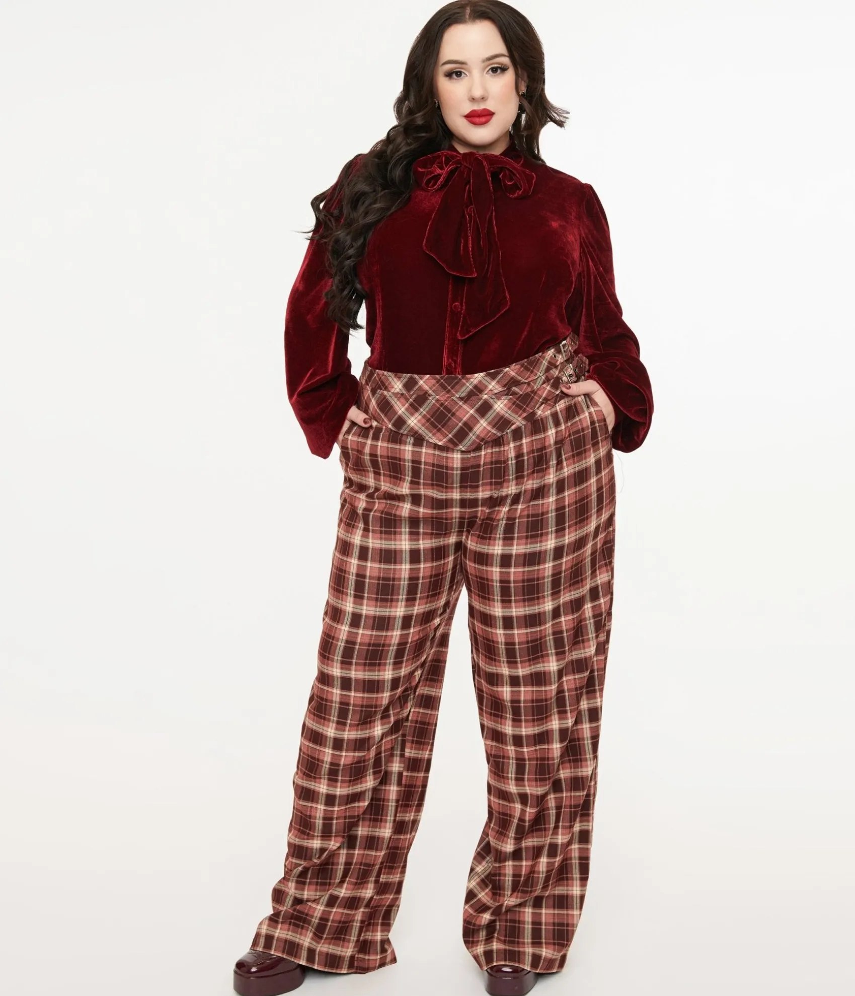 Unique Vintage Plus Size Burgundy Plaid Double Belt Woven Pants Fashion
