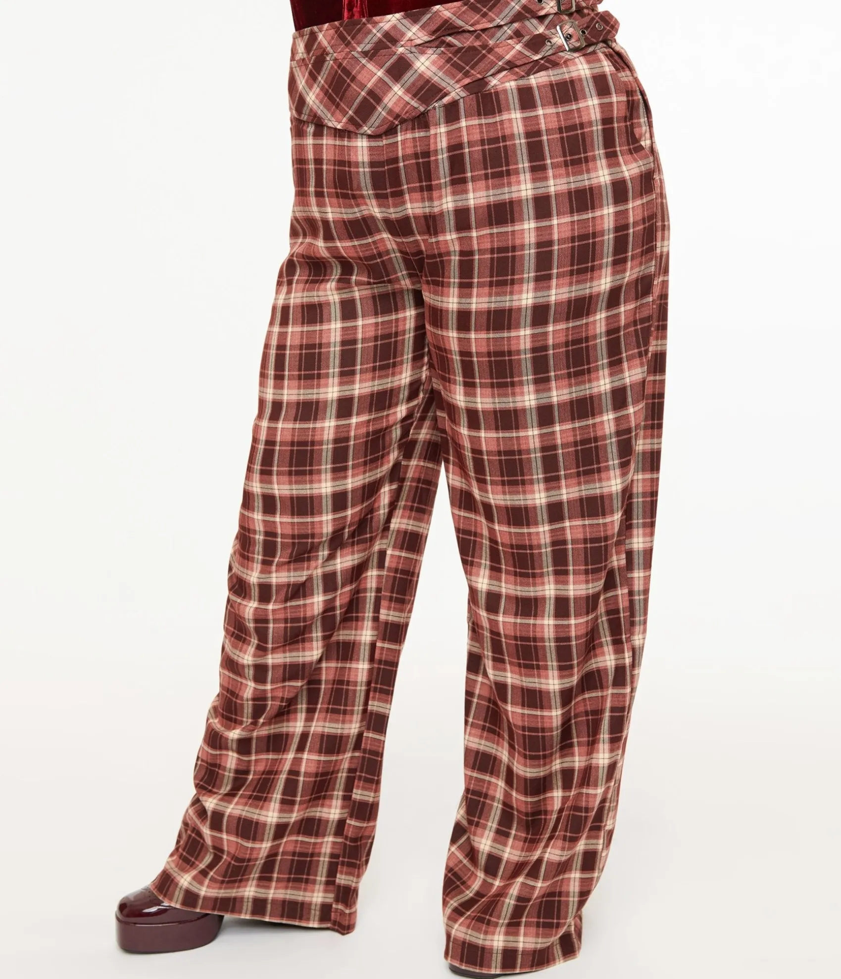 Unique Vintage Plus Size Burgundy Plaid Double Belt Woven Pants Fashion