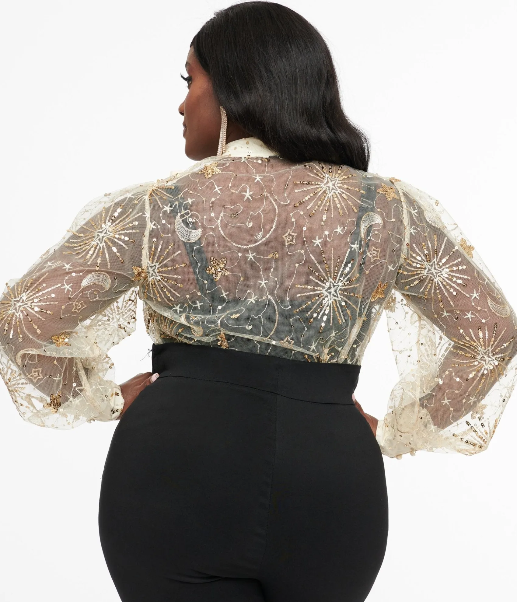 Unique Vintage Plus Size Champagne Celestial Sequin Sheer Gwen Blouse Best Sale