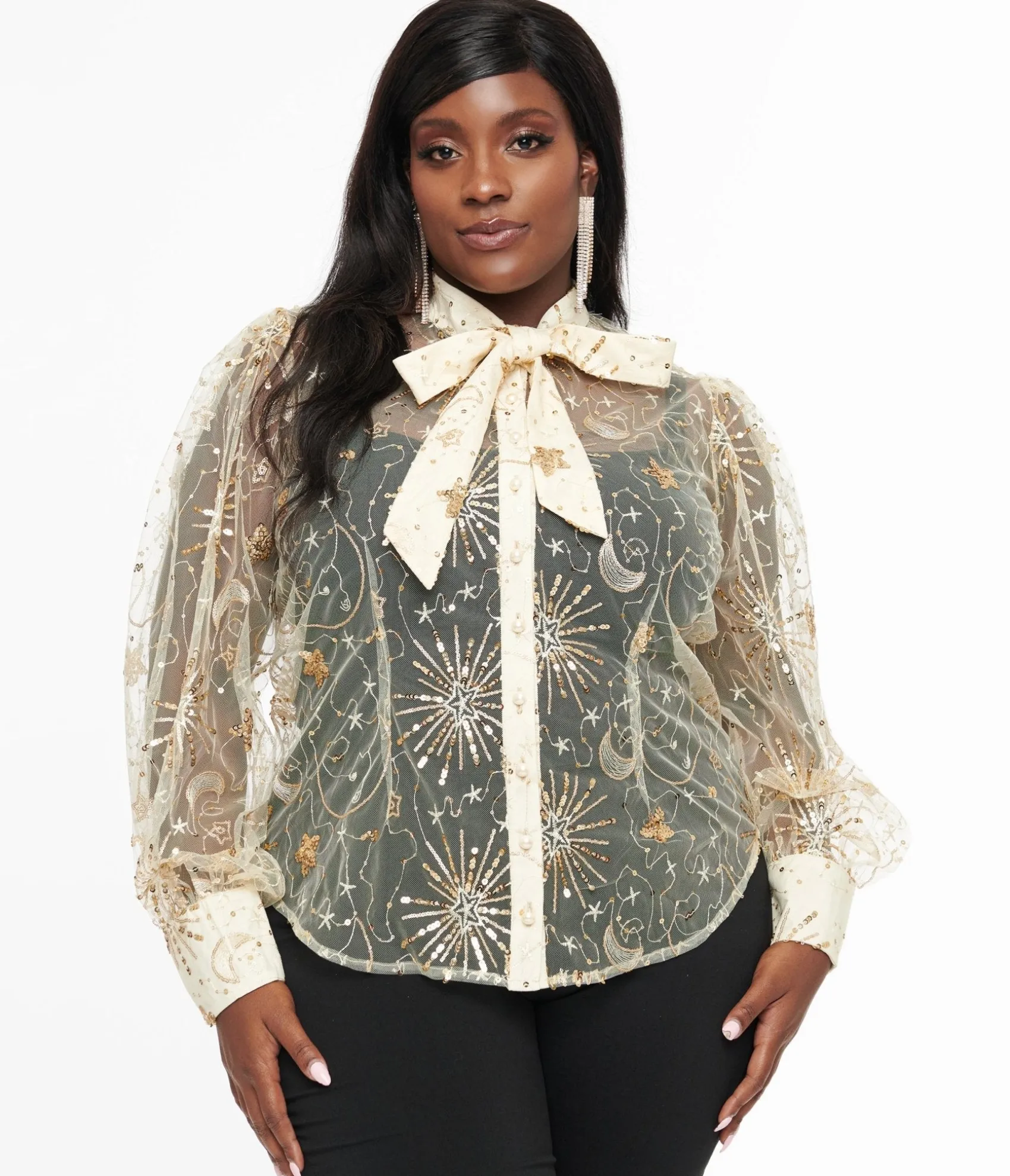 Unique Vintage Plus Size Champagne Celestial Sequin Sheer Gwen Blouse Best Sale