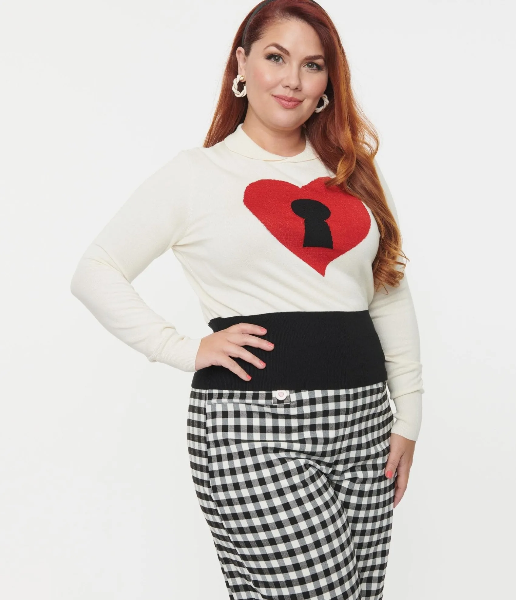 Unique Vintage Plus Size Cream & Red Locked Heart Sweater Outlet