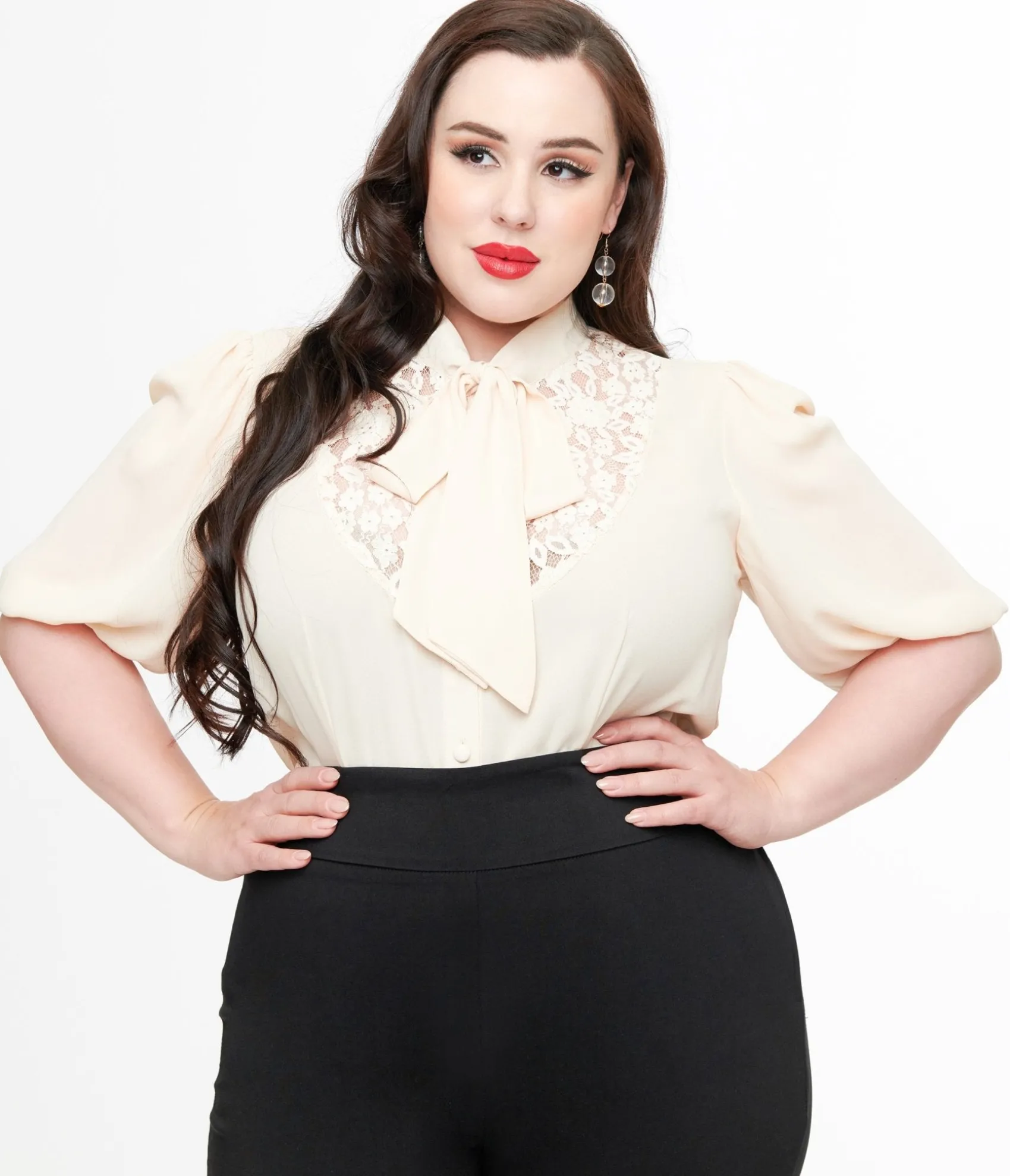 Unique Vintage Plus Size Cream Short Sleeve Neck Tie Gwen Blouse Hot