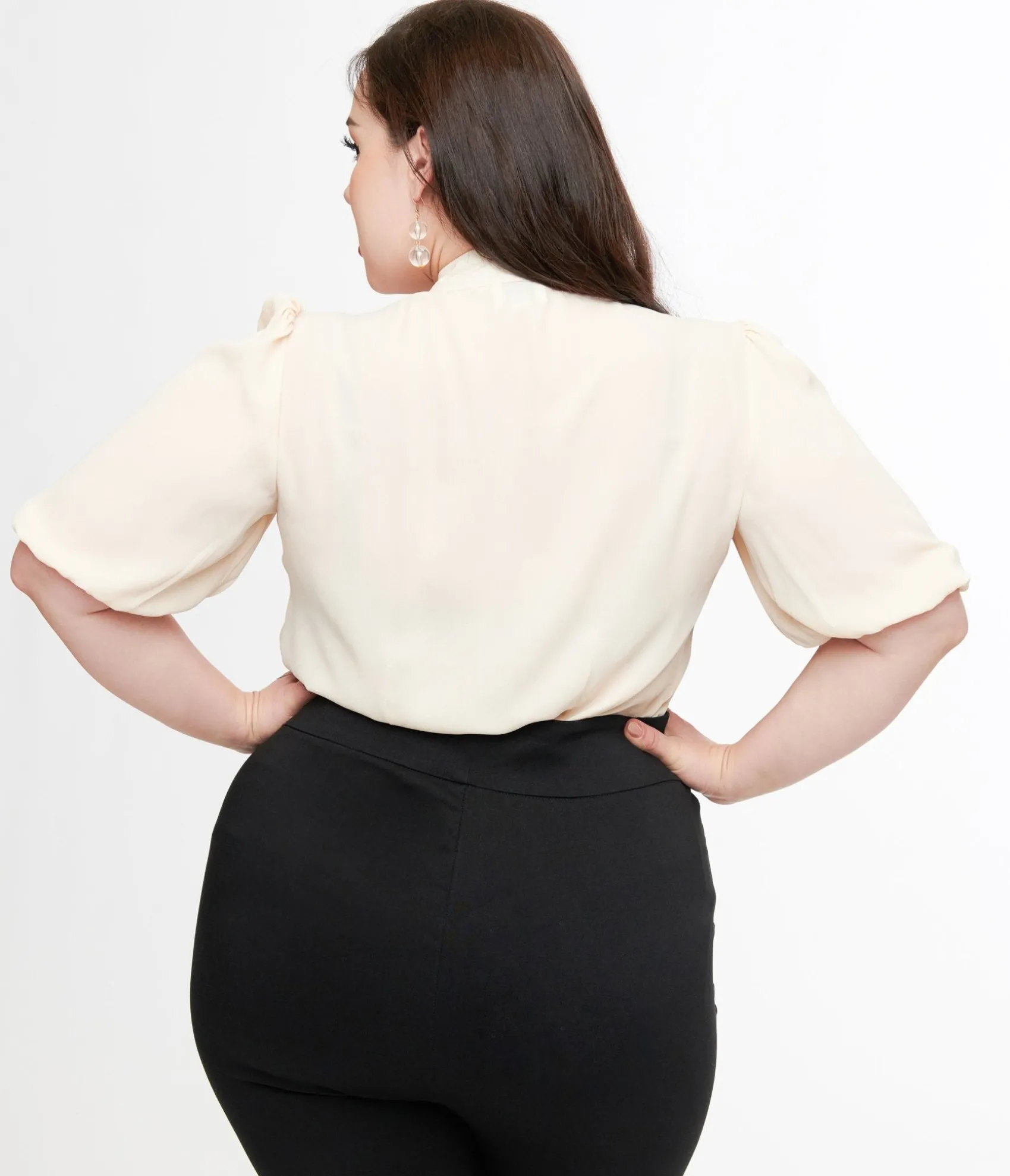 Unique Vintage Plus Size Cream Short Sleeve Neck Tie Gwen Blouse Hot