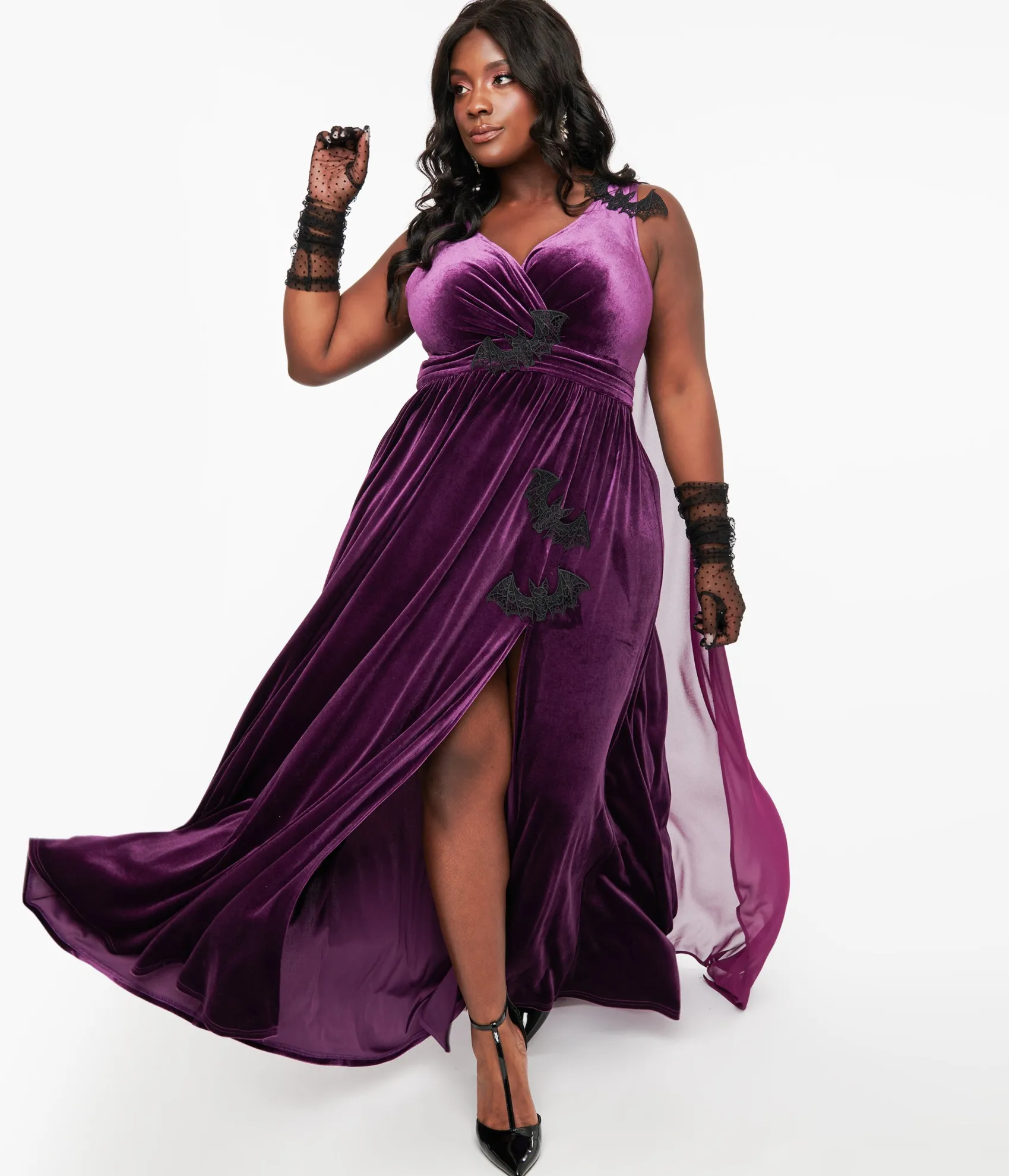 Unique Vintage Plus Size Eggplant & Black Bat Velvet Cape Gown Online