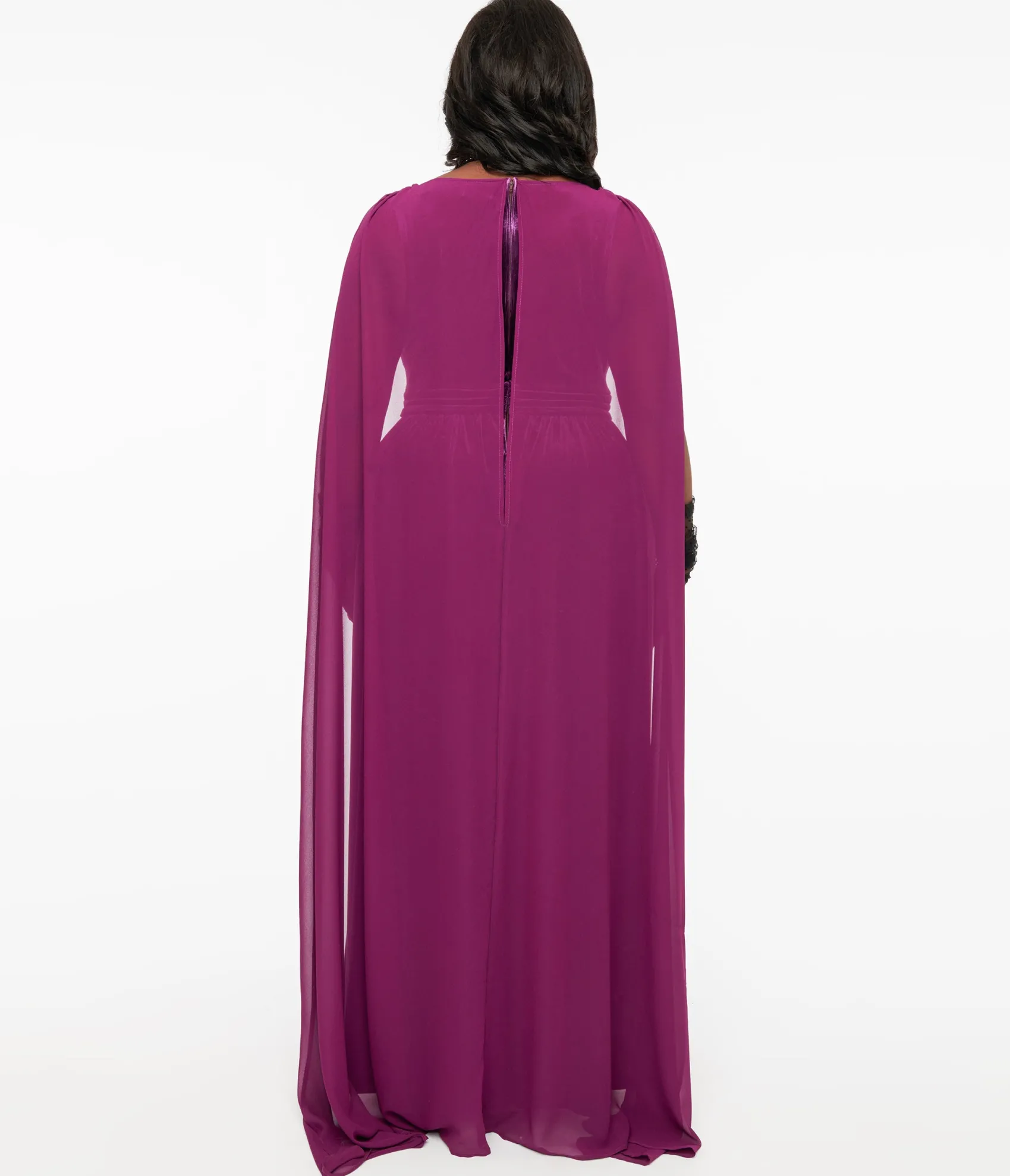 Unique Vintage Plus Size Eggplant & Black Bat Velvet Cape Gown Online