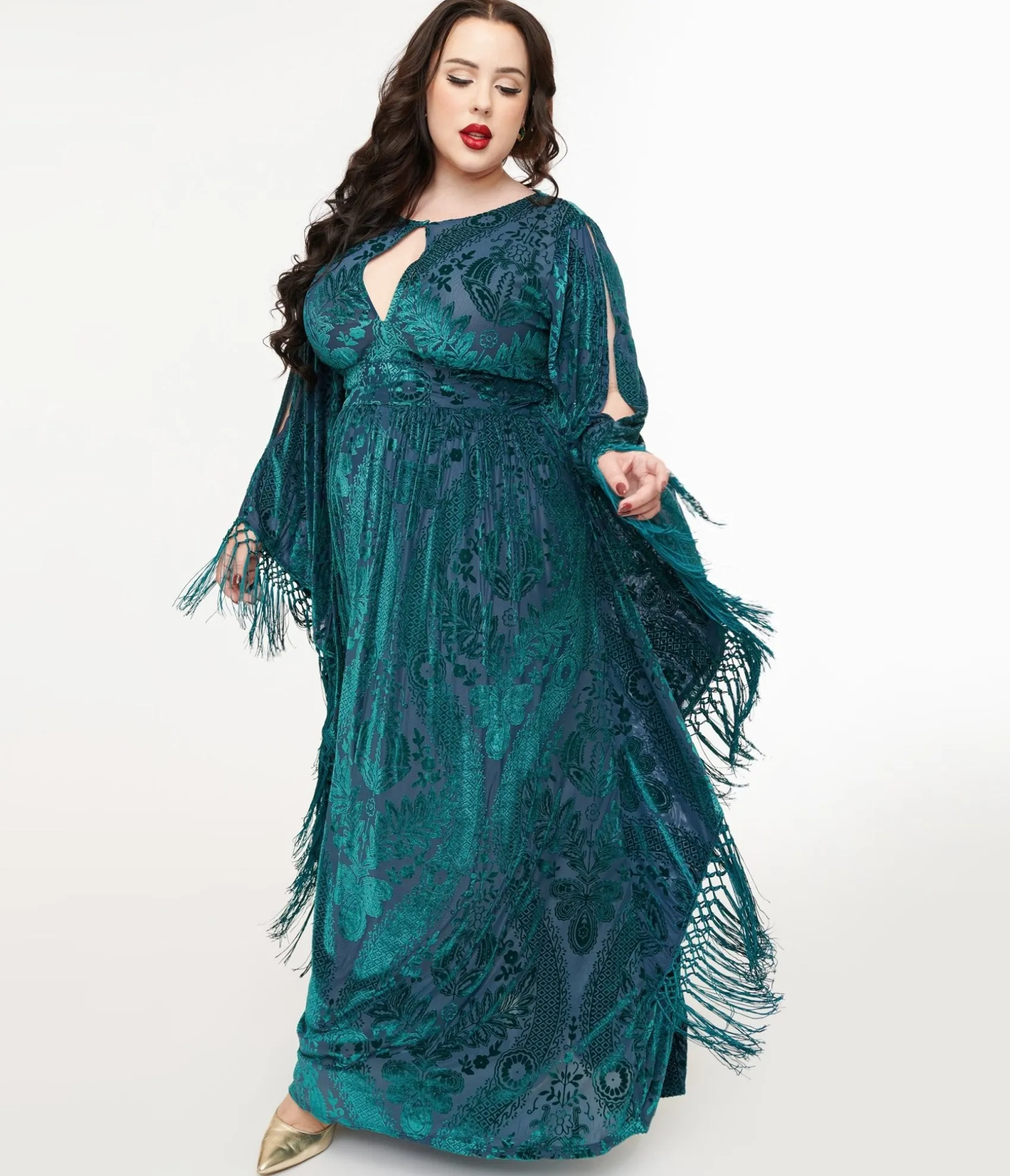 Unique Vintage Plus Size Emerald Floral Fringe Flutter Sleeve Caftan Online