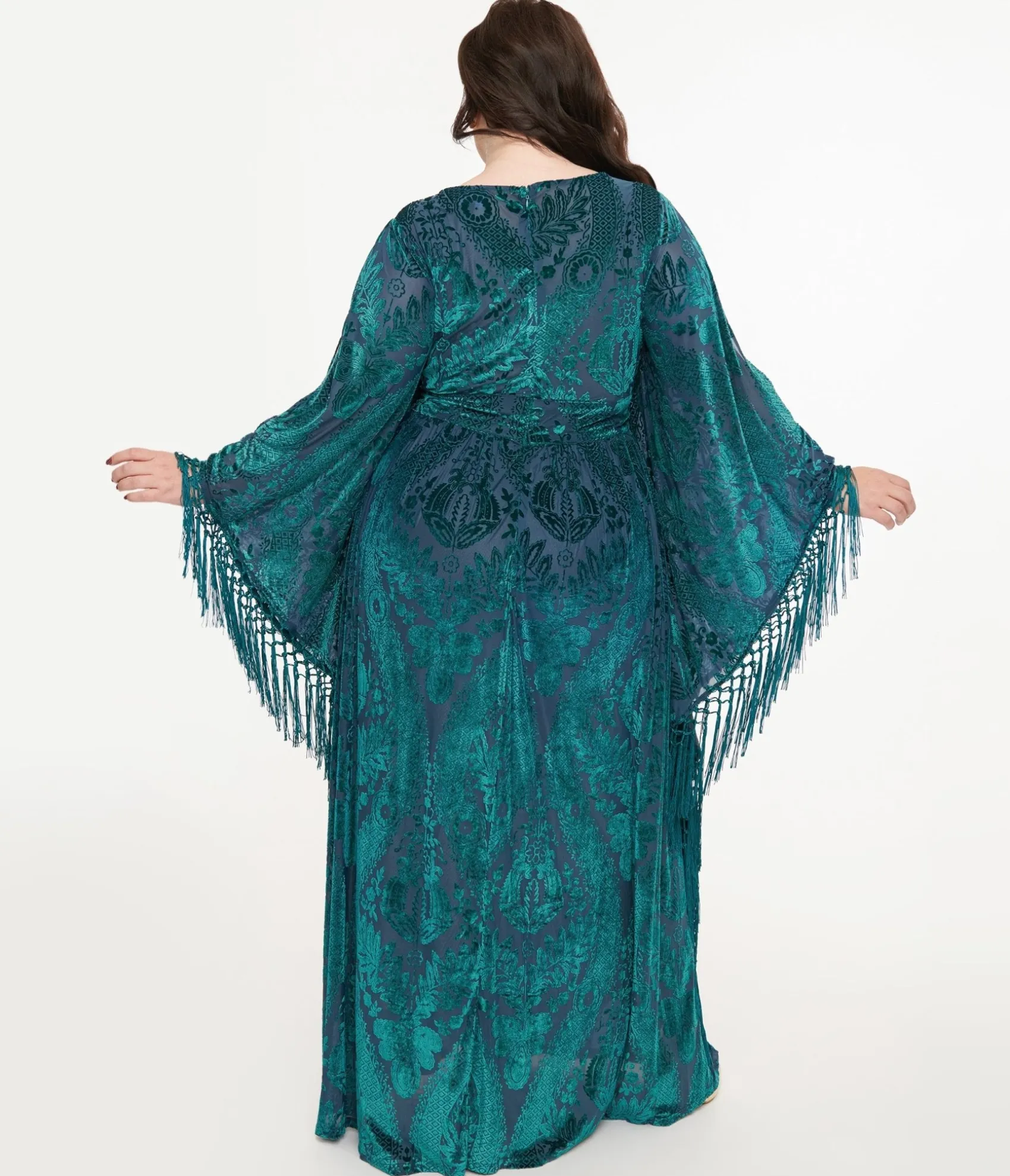 Unique Vintage Plus Size Emerald Floral Fringe Flutter Sleeve Caftan Online