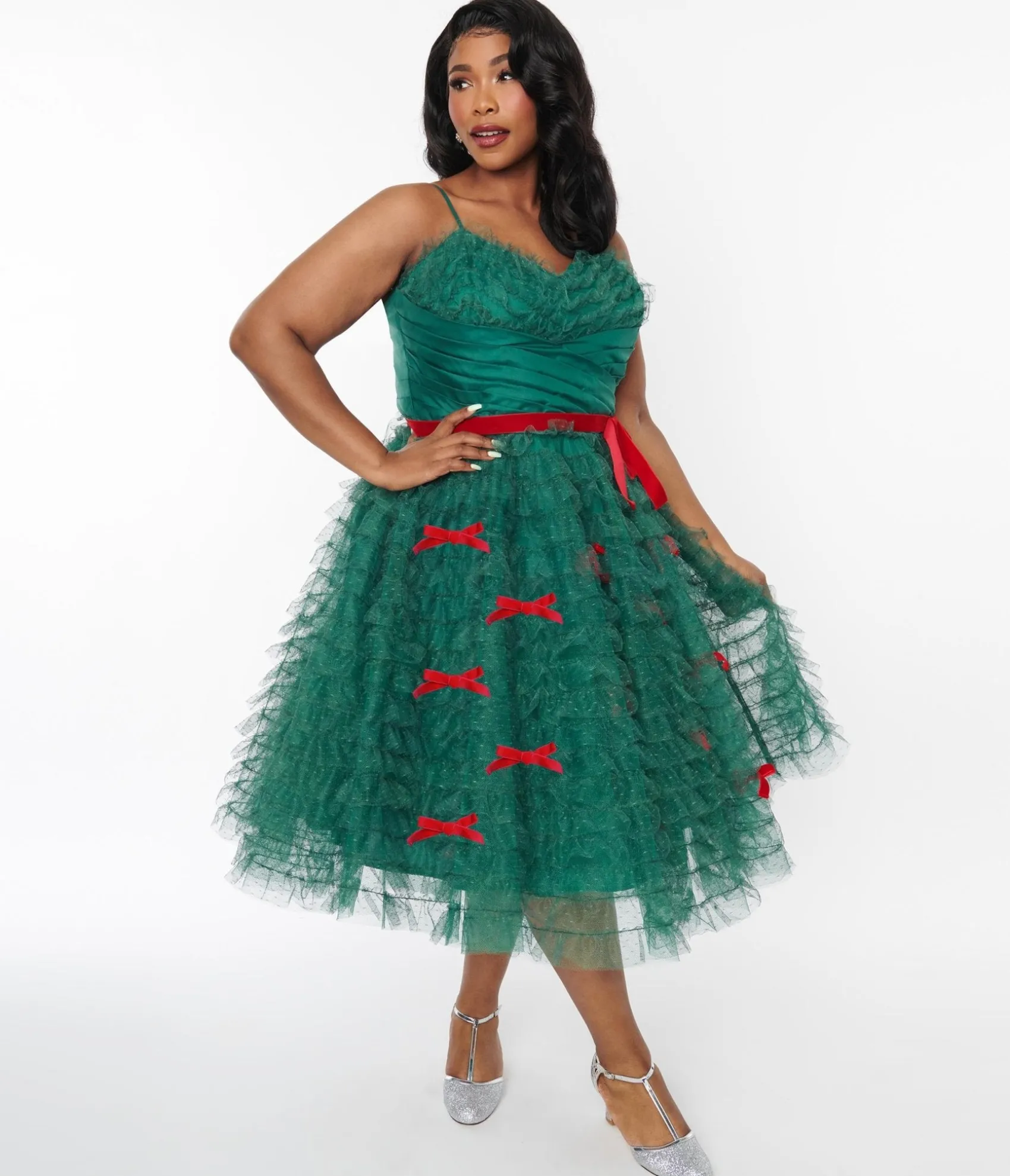 Unique Vintage Plus Size Emerald Green & Red Ribbon Tulle Cupcake Swing Dress Online