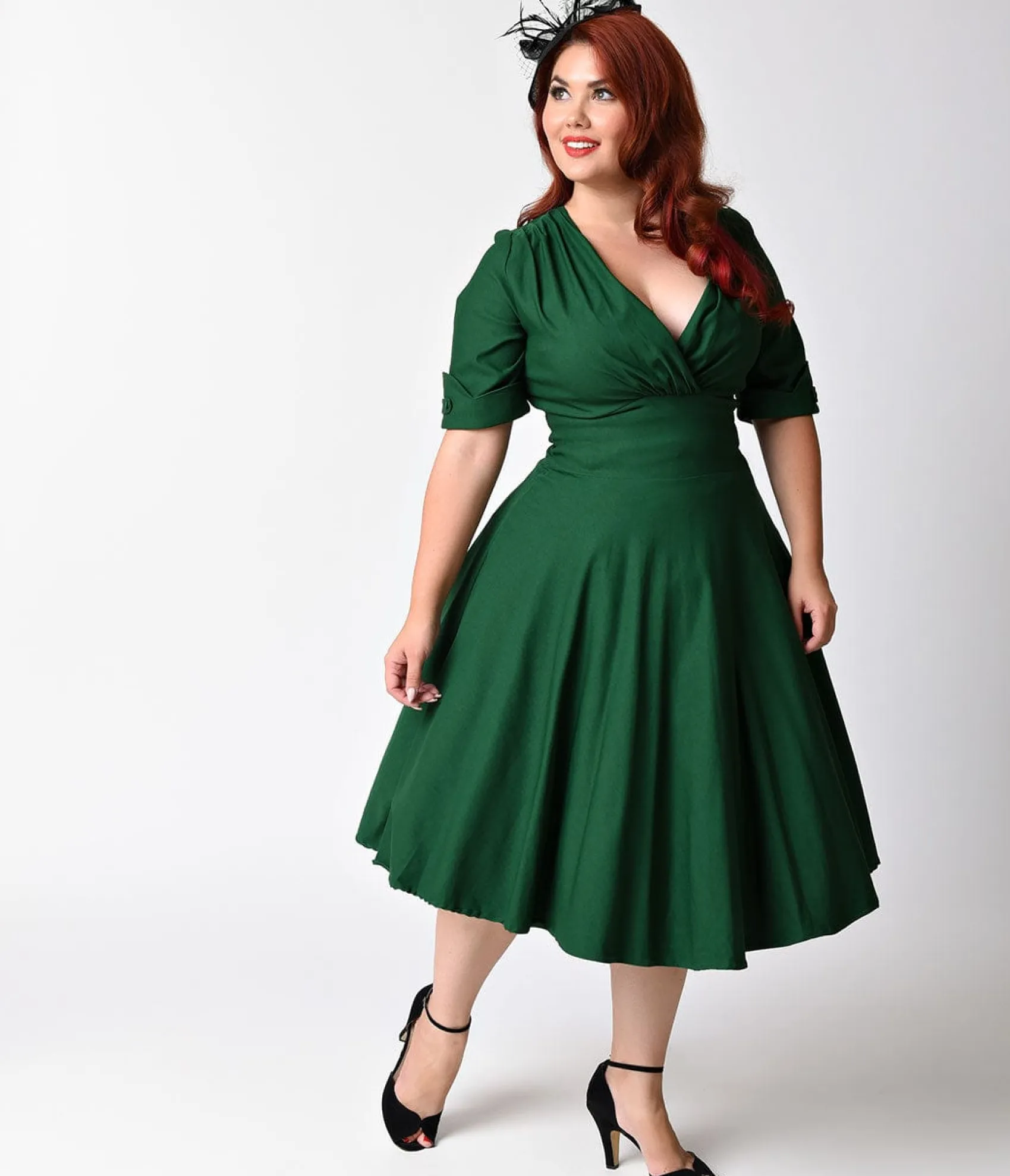 Unique Vintage Plus Size Emerald Green Delores Swing Dress with Sleeves Best Sale