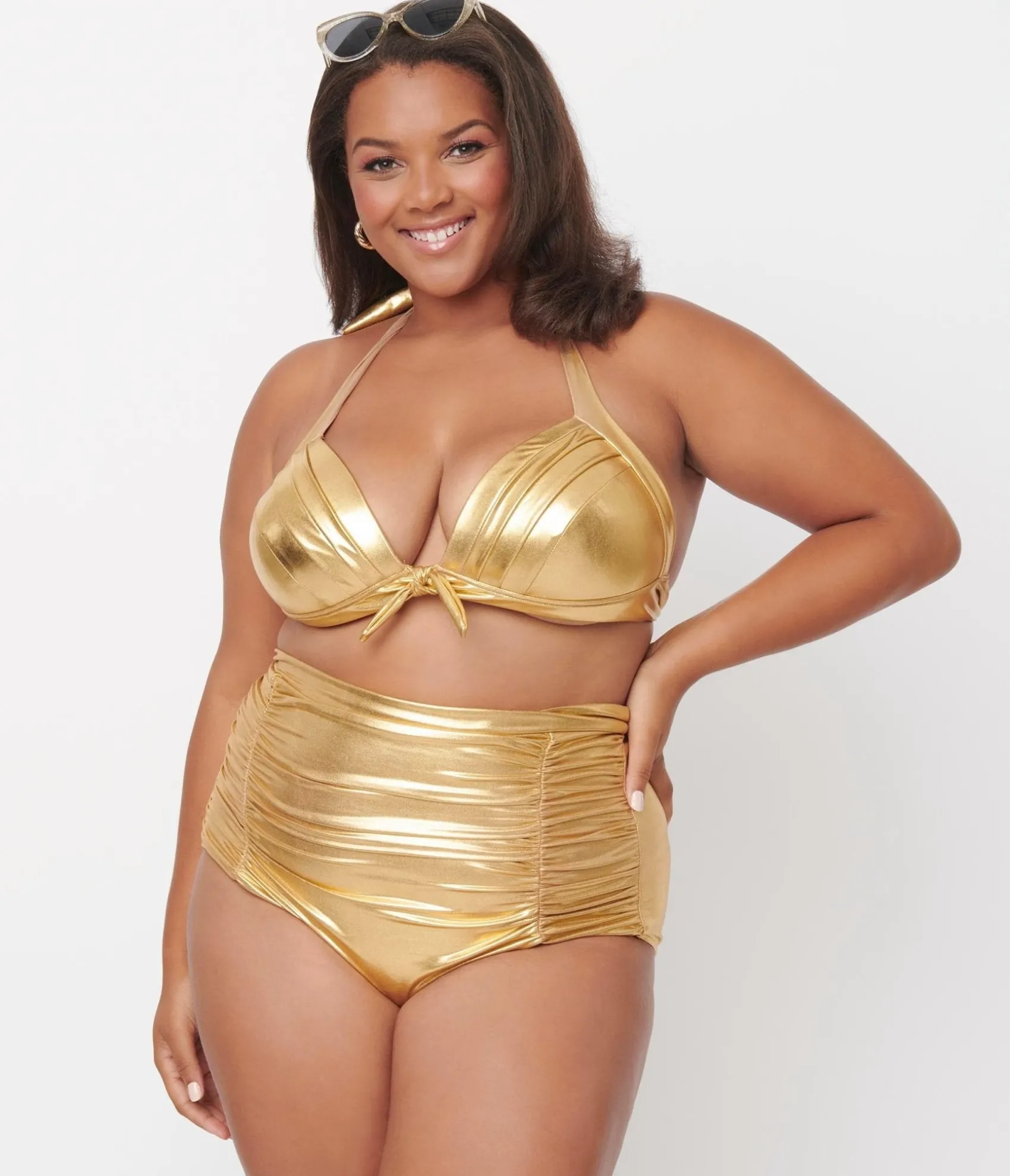Unique Vintage Plus Size Gold Monroe Halter Swim Top Cheap