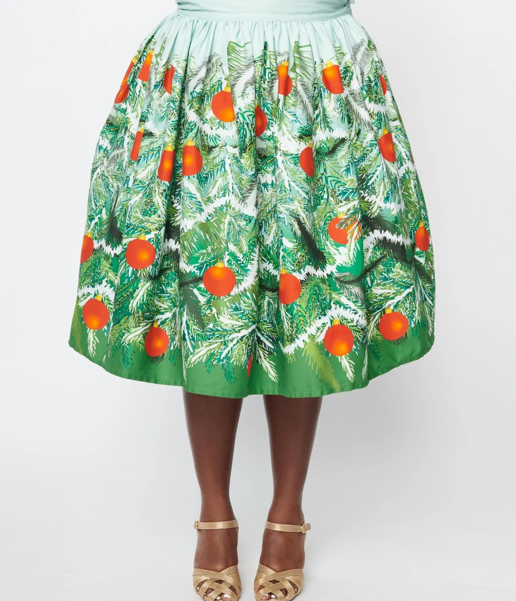 Unique Vintage Plus Size Green Evergreen & Red Ornaments Swing Skirt Clearance