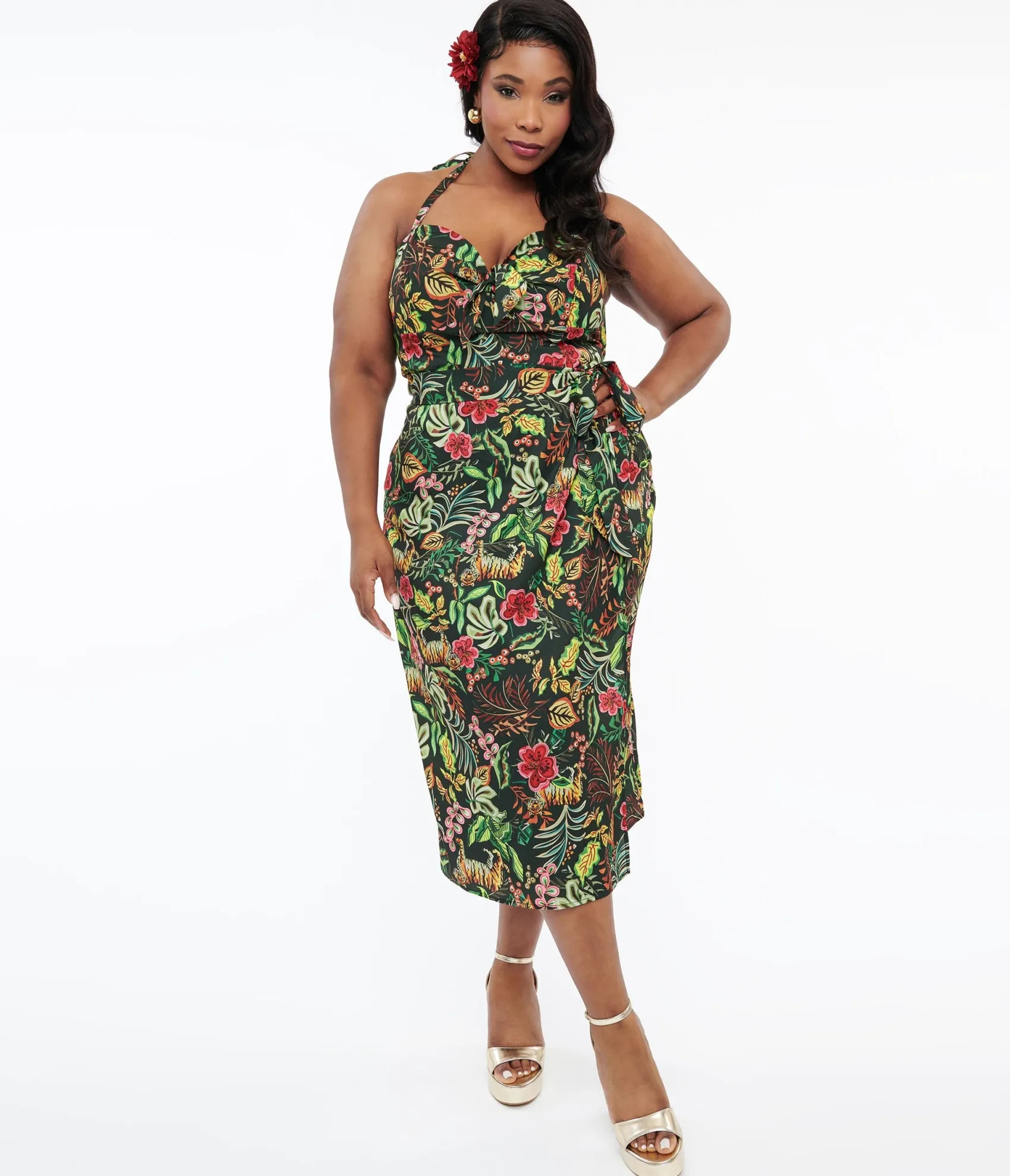 Unique Vintage Plus Size Green Jungle Cat Print Leilani Sarong Dress Discount
