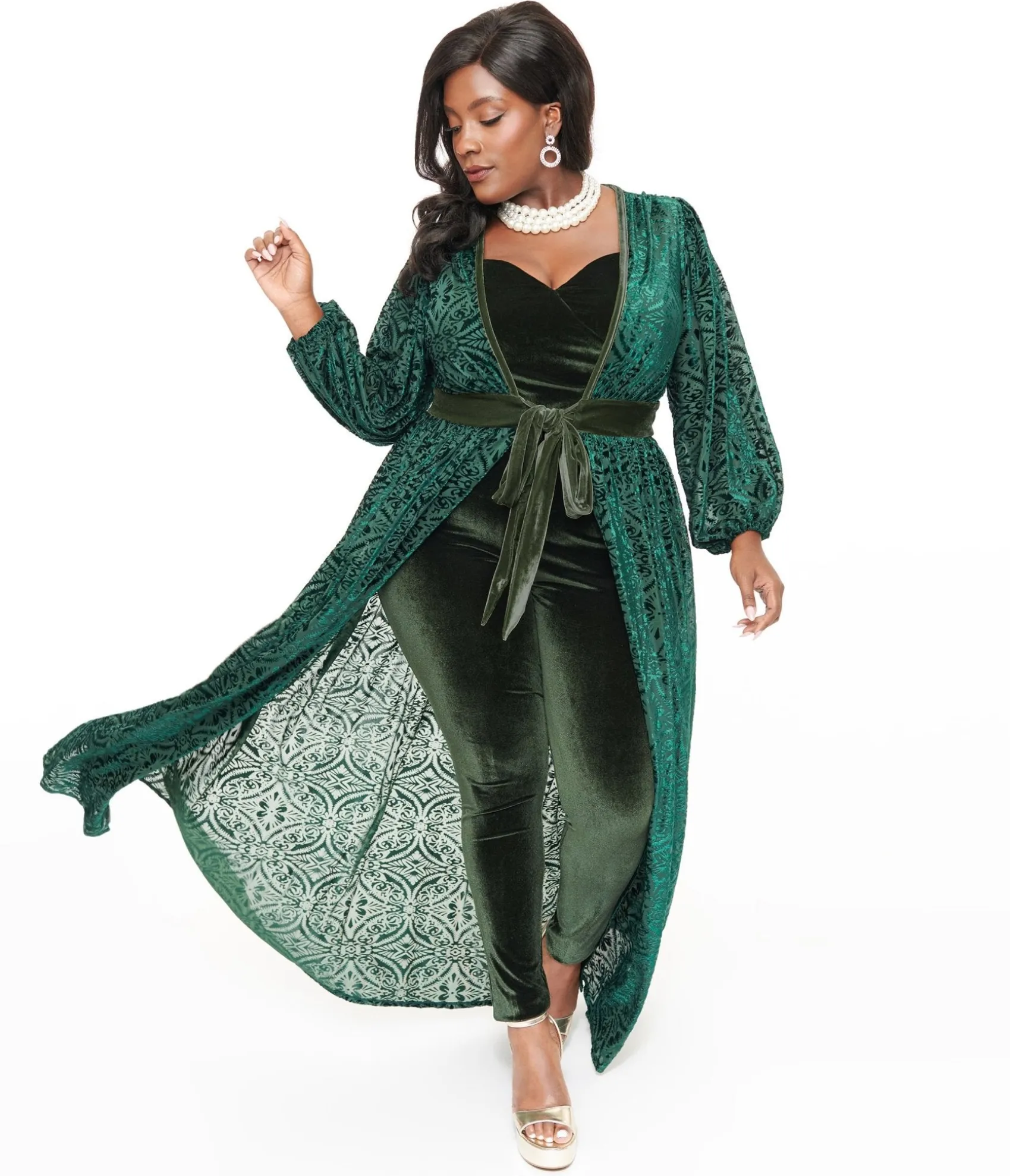 Unique Vintage Plus Size Green Velvet Burnout Hollywood Duster Sale