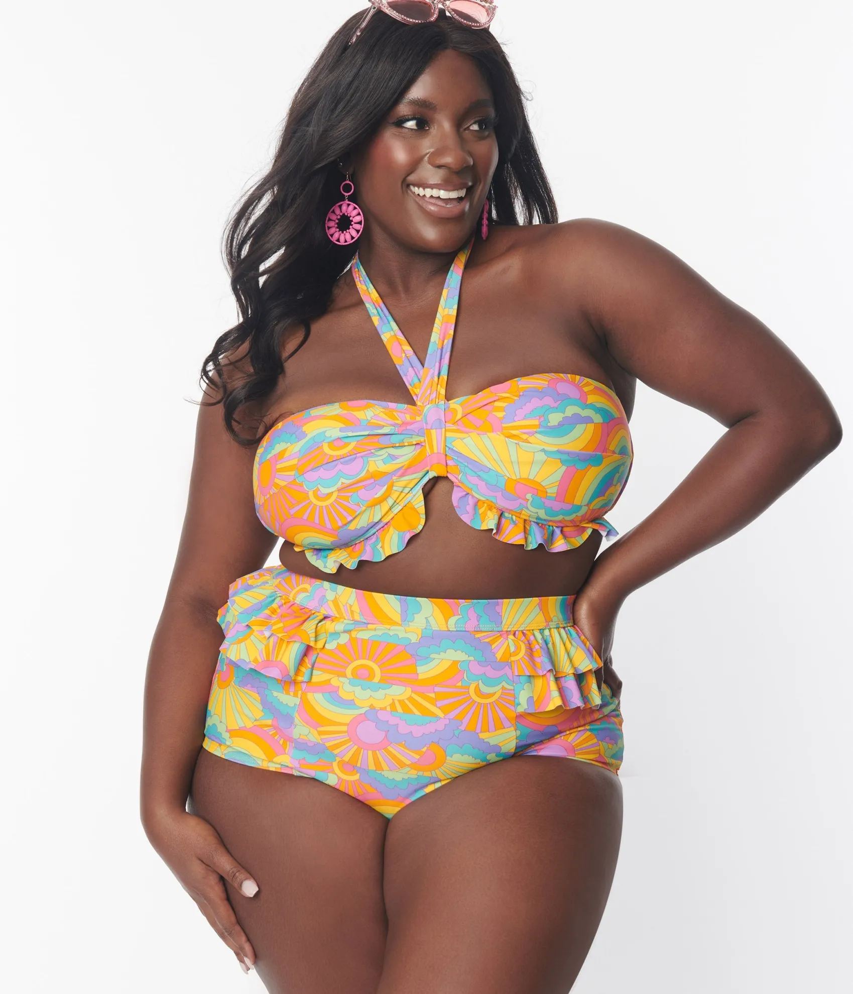 Unique Vintage Plus Size Happy Groovy Rainbow Twist Front Halter Swim Top Fashion