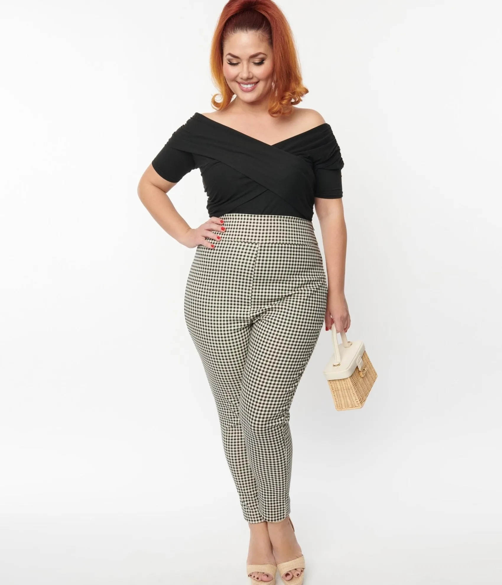 Unique Vintage Plus Size Ivory & Black Gingham Rizzo Cigarette Pants Hot