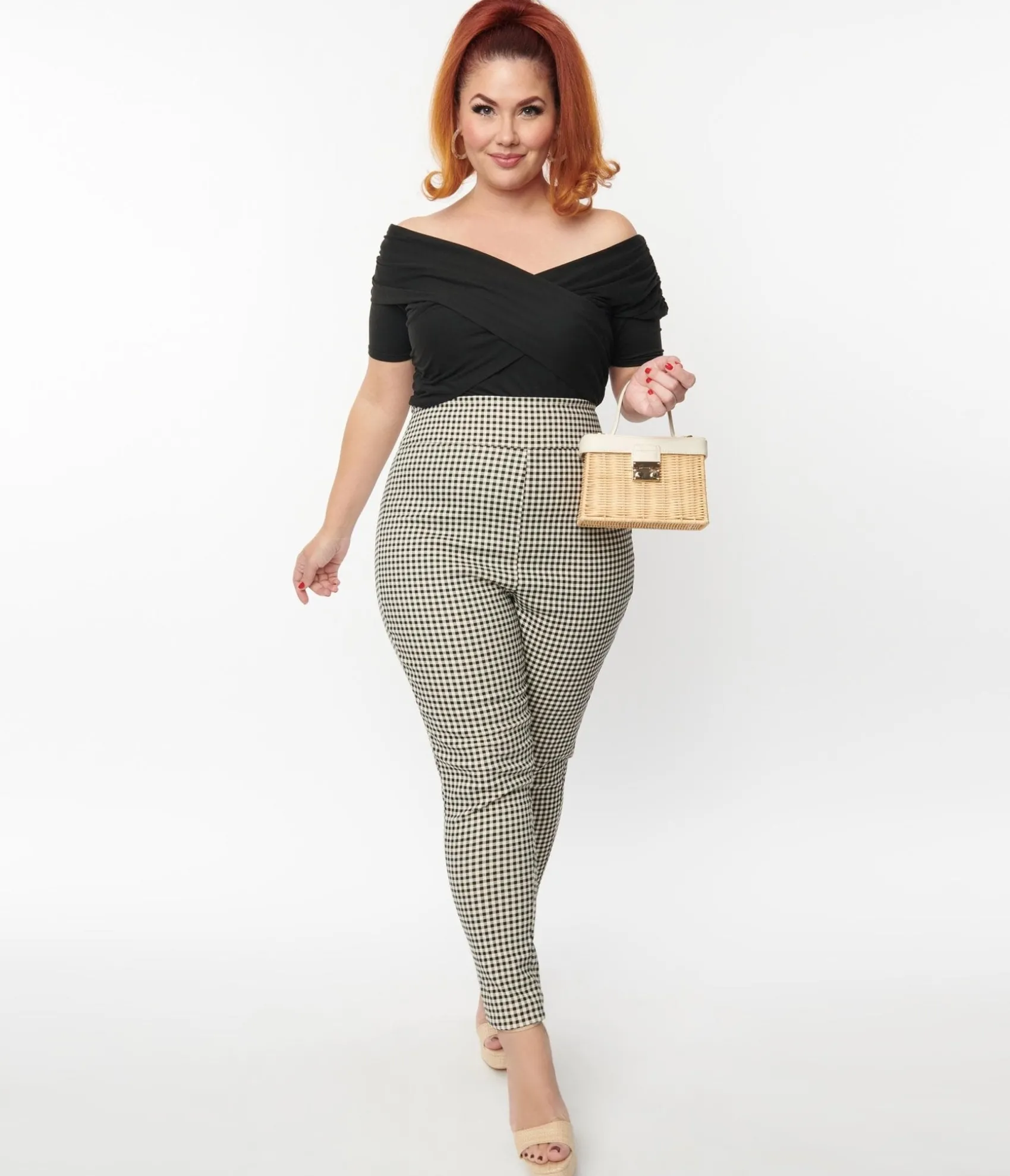 Unique Vintage Plus Size Ivory & Black Gingham Rizzo Cigarette Pants Hot
