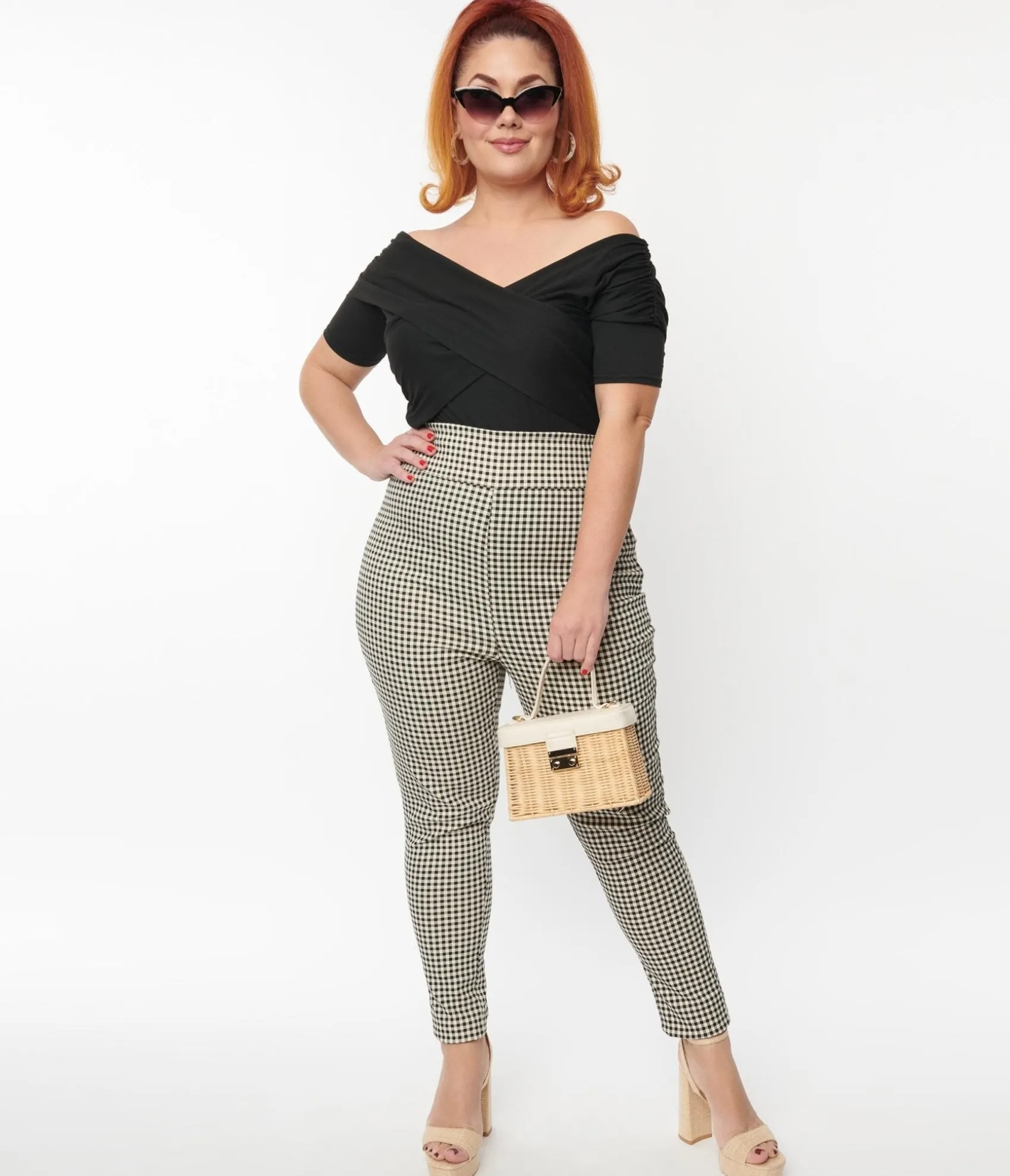 Unique Vintage Plus Size Ivory & Black Gingham Rizzo Cigarette Pants Hot