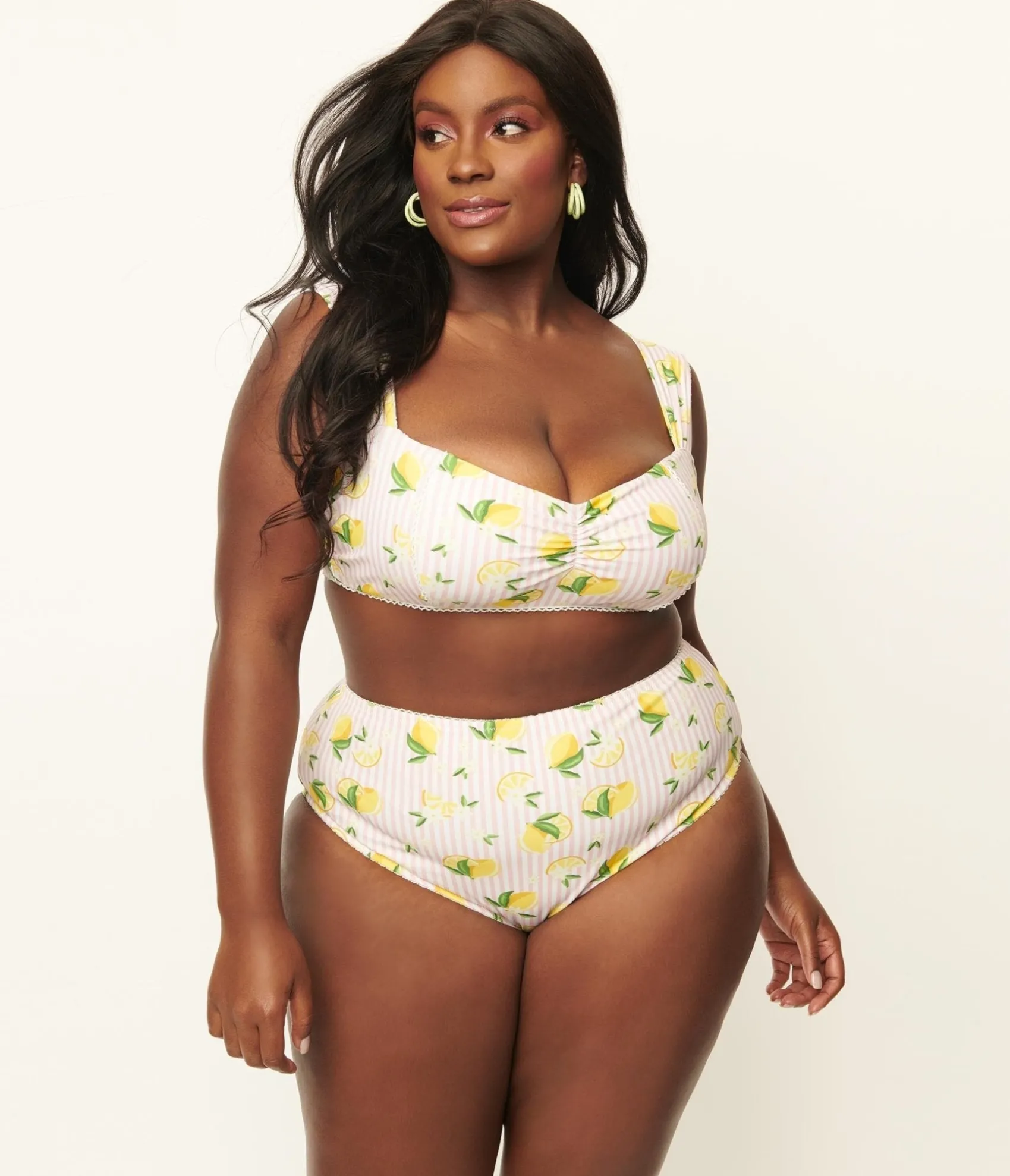 Unique Vintage Plus Size Light Pink Stripes & Lemons Ruched & Ready Swim Top Cheap