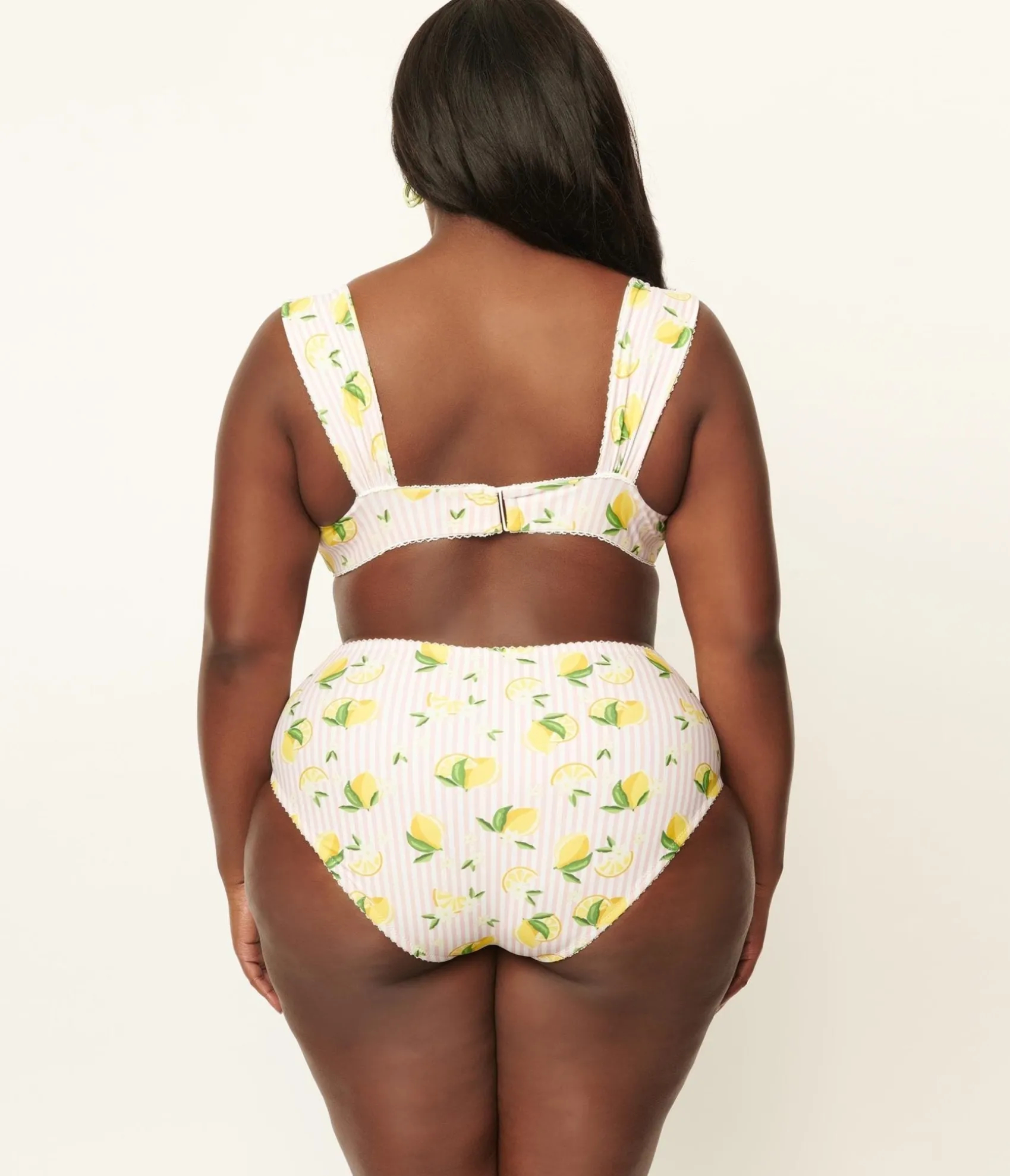Unique Vintage Plus Size Light Pink Stripes & Lemons Ruched & Ready Swim Top Cheap