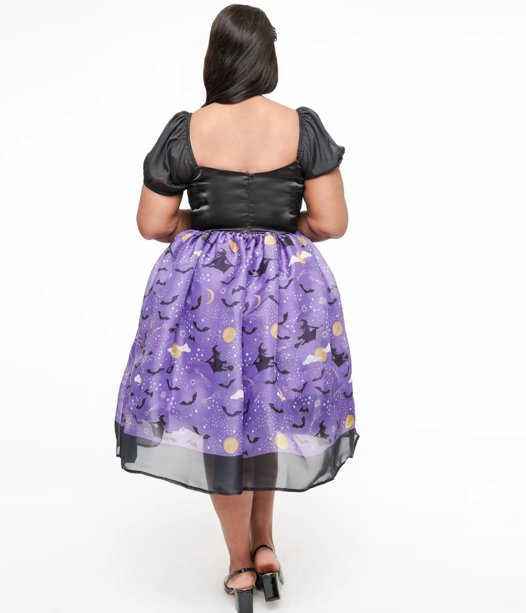 Unique Vintage Plus Size Light Up 1950s Black & Purple Witch Swing Dress Clearance