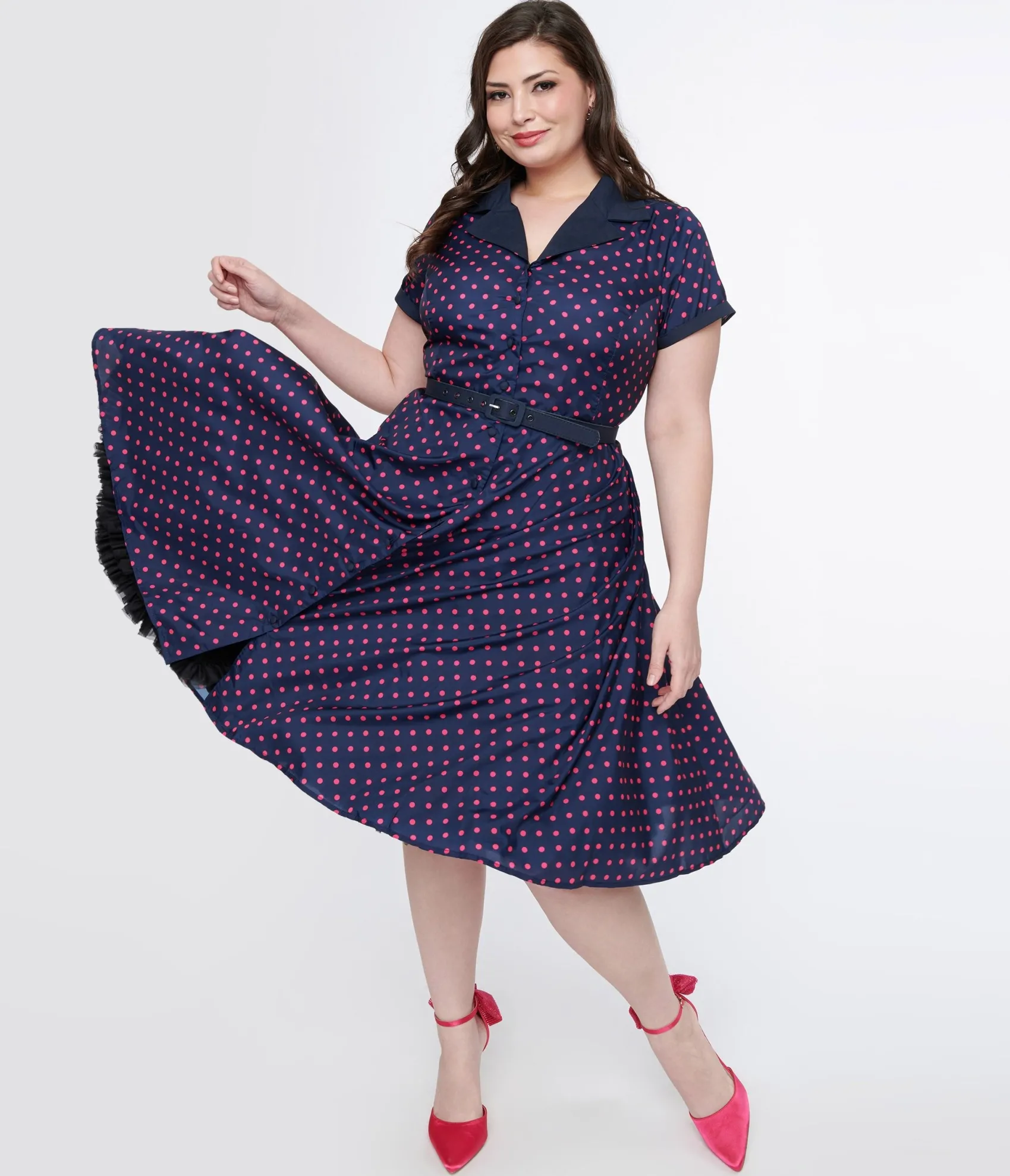 Unique Vintage Plus Size Navy & Hot Pink Dot Alexis Swing Dress Cheap