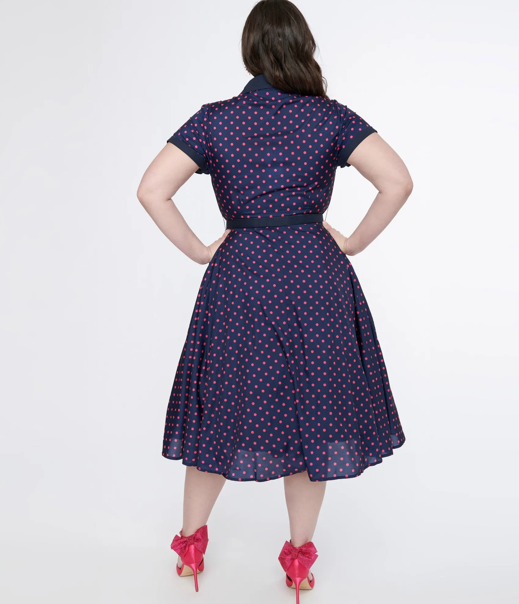 Unique Vintage Plus Size Navy & Hot Pink Dot Alexis Swing Dress Cheap