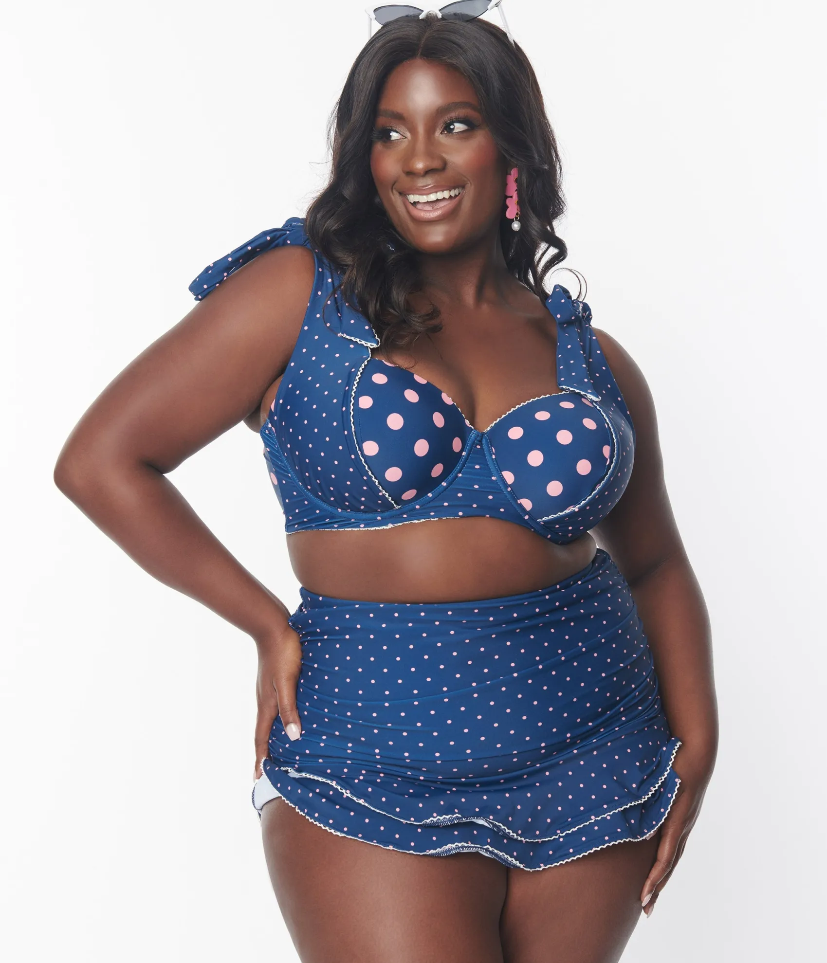 Unique Vintage Plus Size Navy & Pink Pin Dot Alice Swim Skirt New