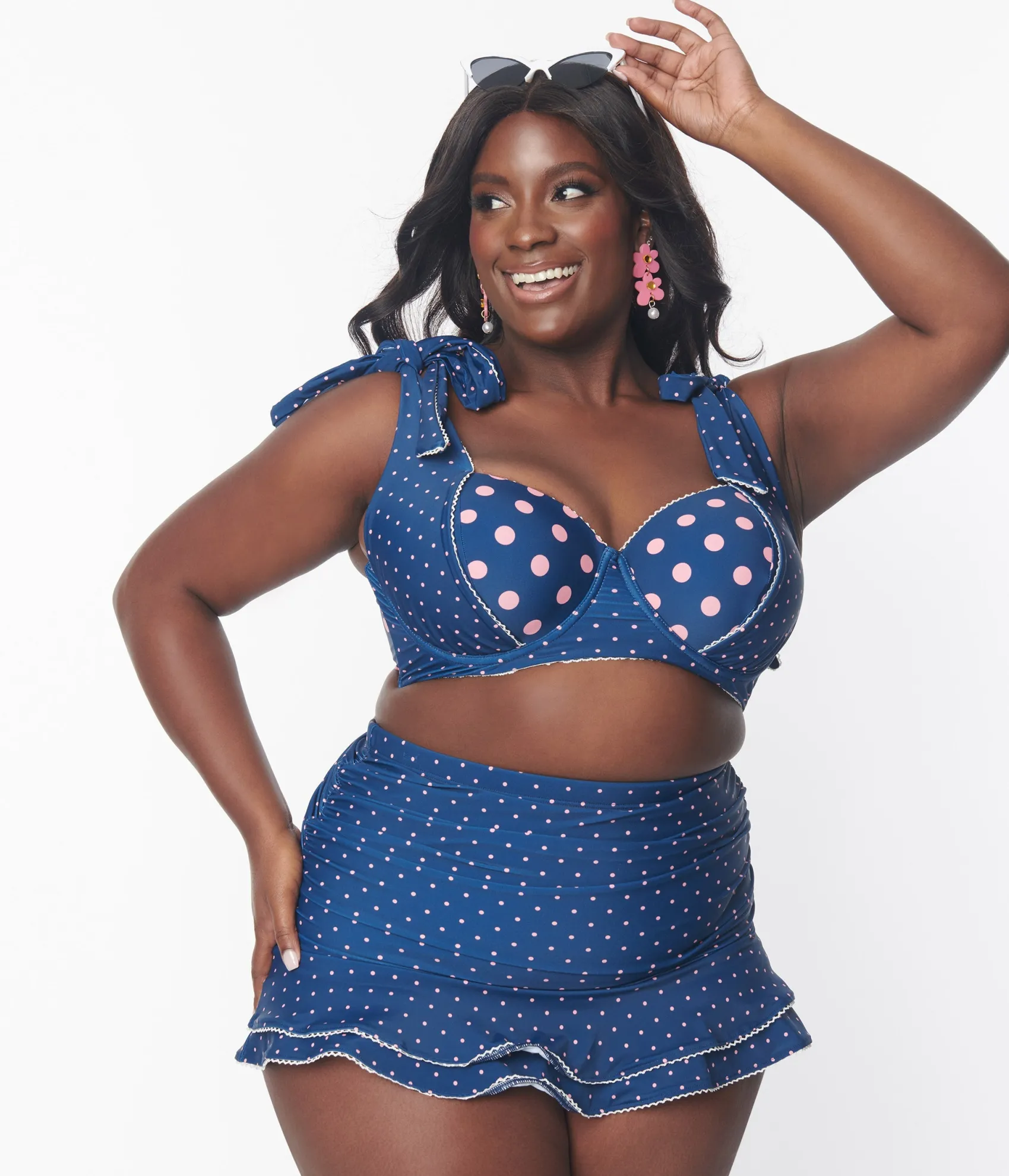 Unique Vintage Plus Size Navy & Pink Pin Dot Totally Tied Up Swim Top Best