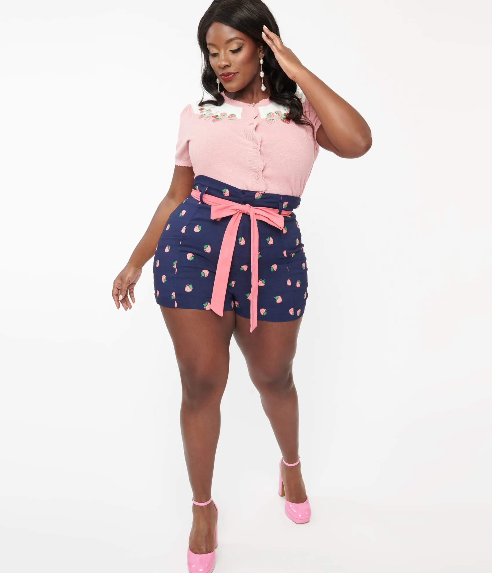 Unique Vintage Plus Size Navy & Pink Strawberry Stamp Tied & True Shorts Clearance