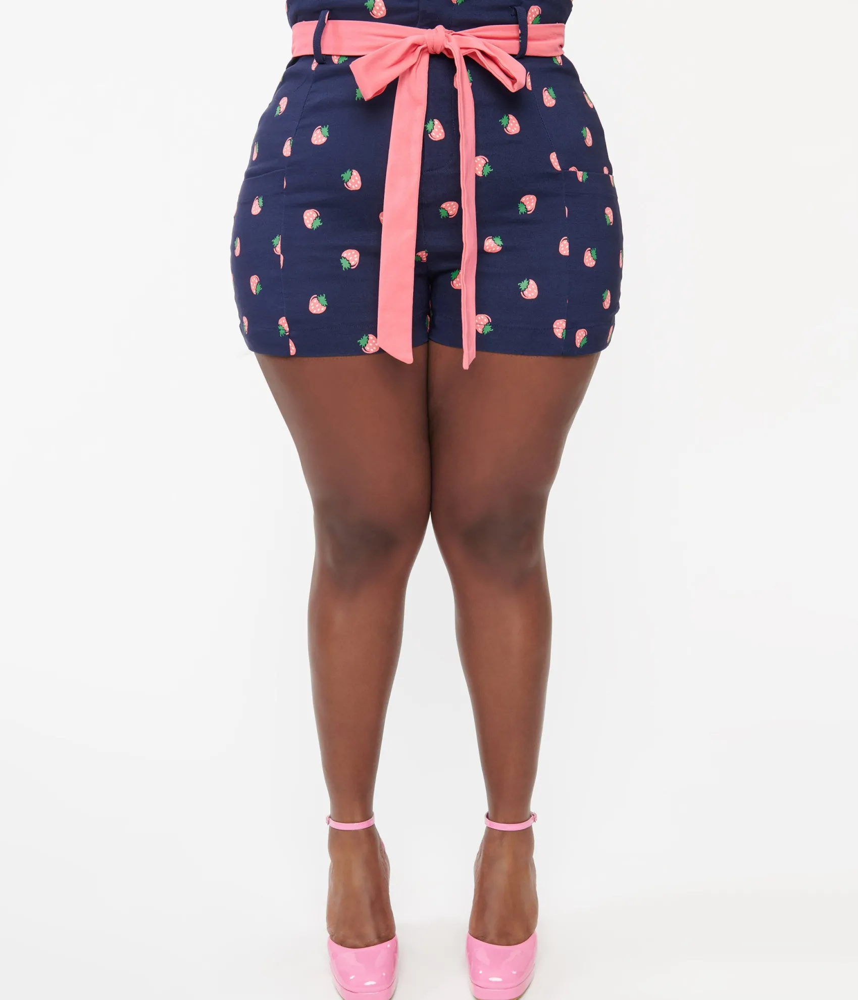 Unique Vintage Plus Size Navy & Pink Strawberry Stamp Tied & True Shorts Clearance