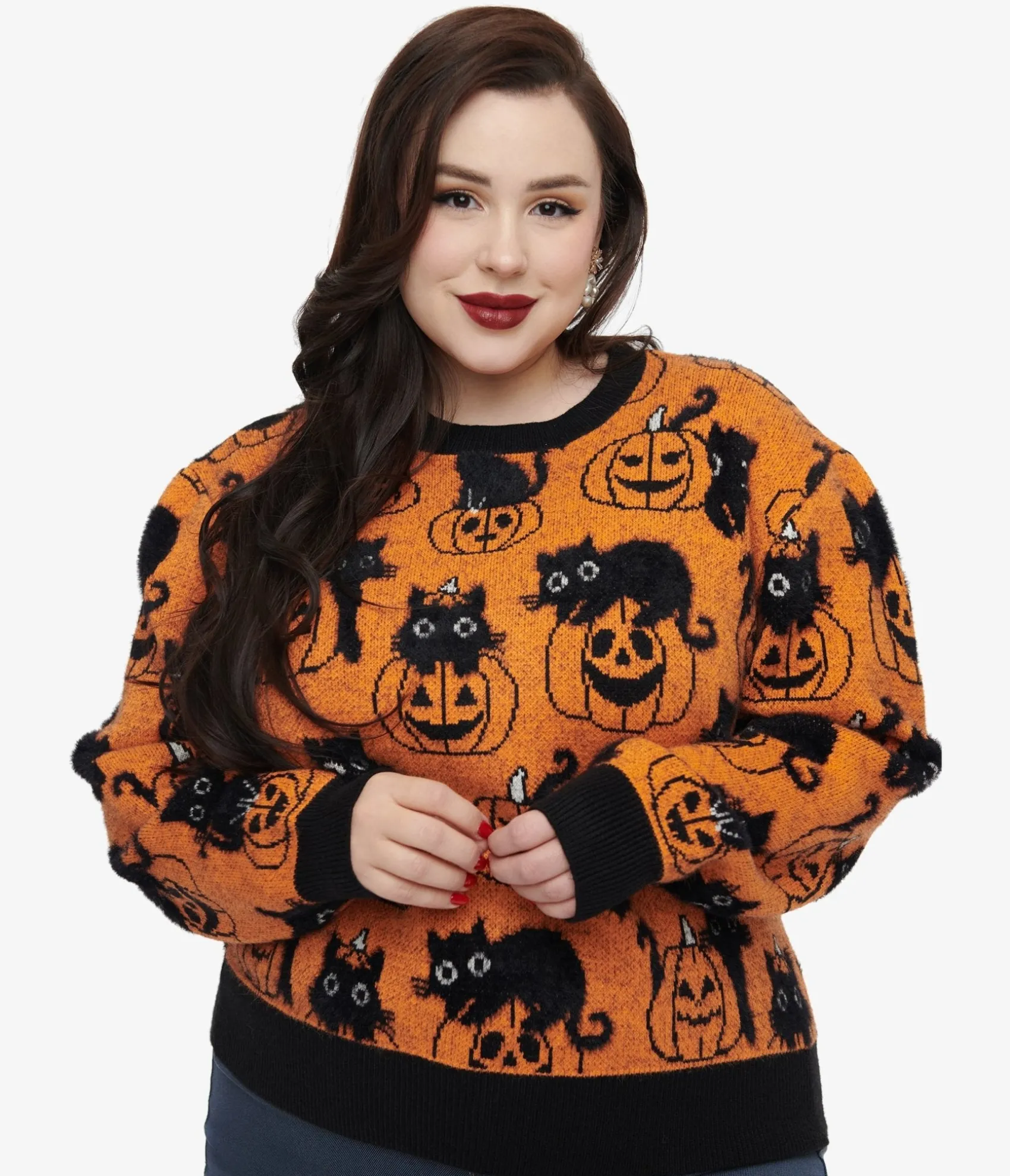 Unique Vintage Plus Size Orange Pumpkin & Black Cat Print Sweater Outlet