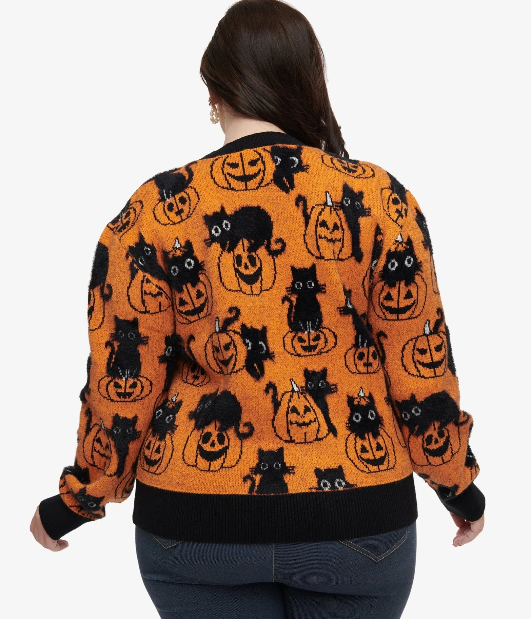 Unique Vintage Plus Size Orange Pumpkin & Black Cat Print Sweater Outlet
