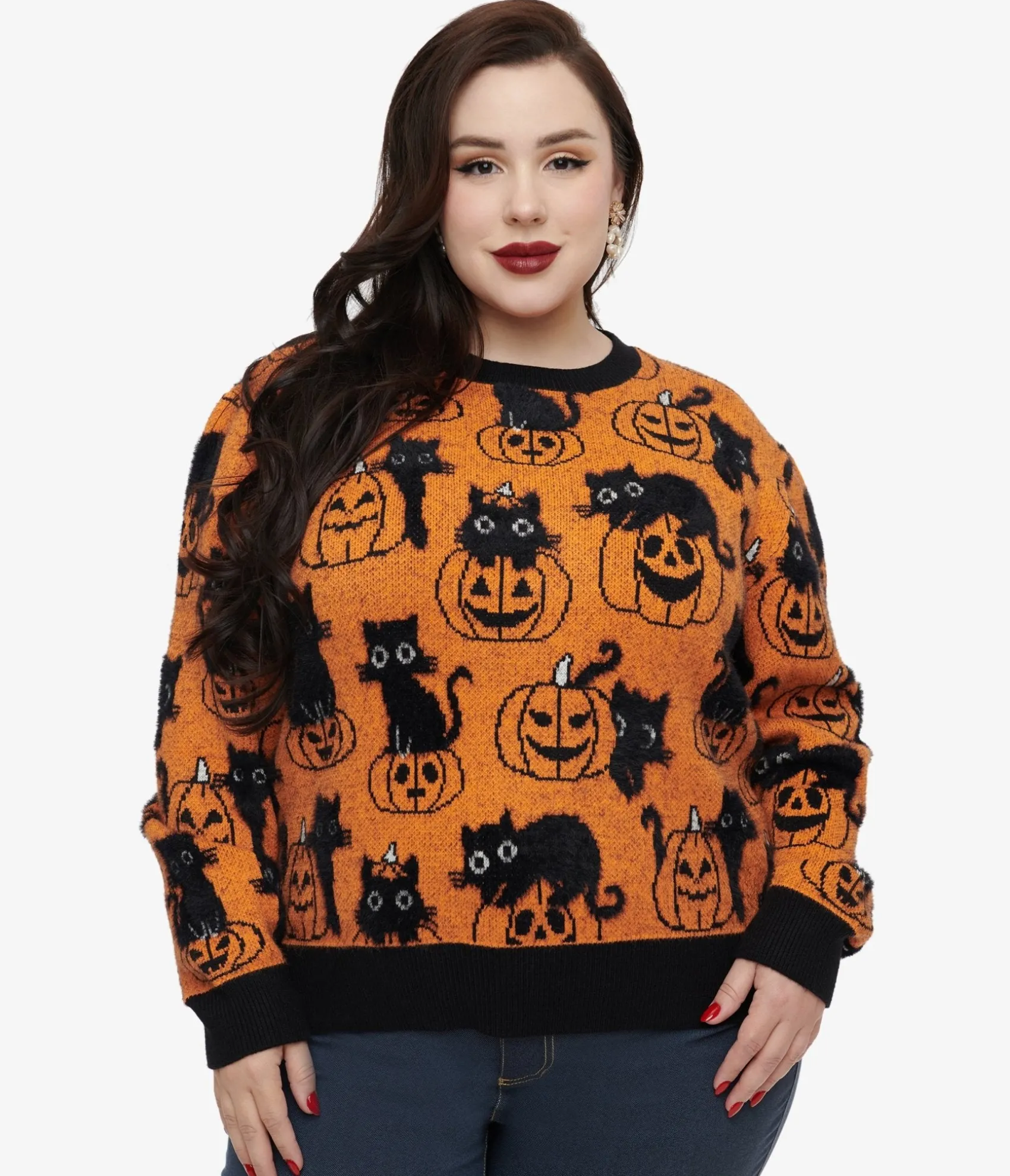 Unique Vintage Plus Size Orange Pumpkin & Black Cat Print Sweater Outlet