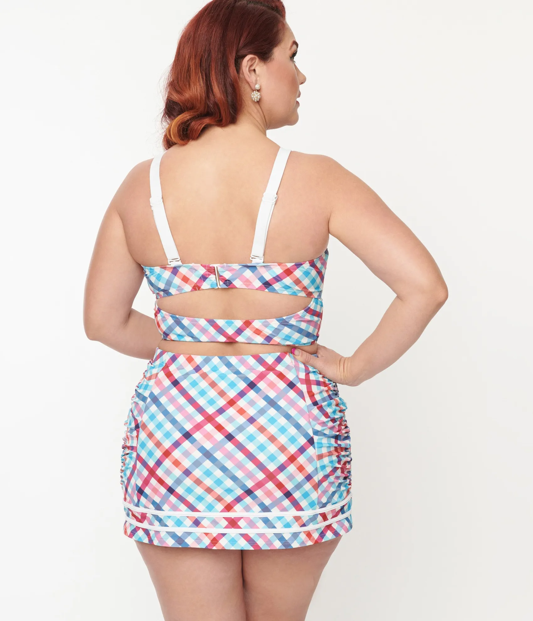 Unique Vintage Plus Size Pastel Madras Plaid Lace Up Swim Top Shop