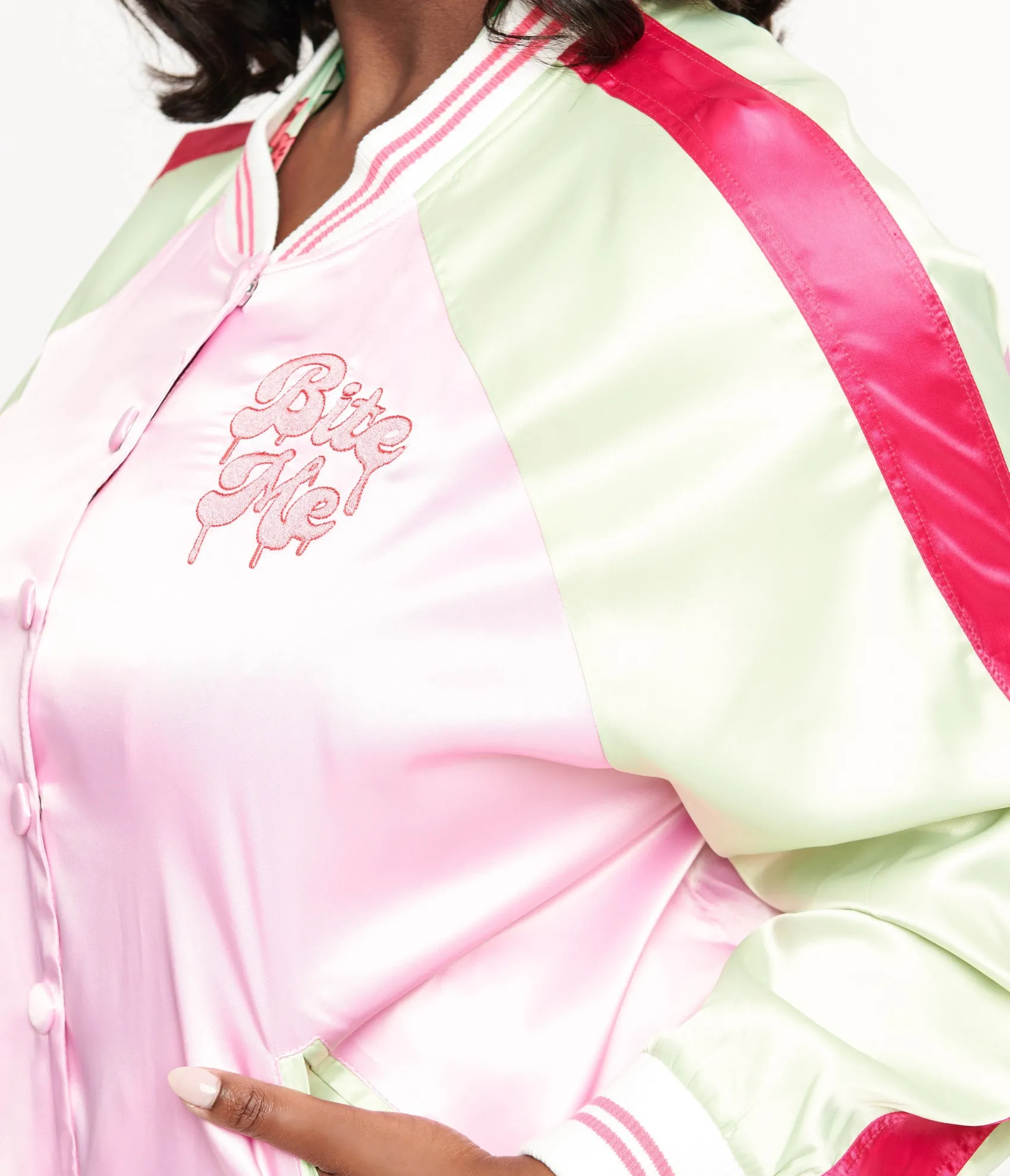 Unique Vintage Plus Size Pink & Green Bite Me Satin Bomber Jacket New