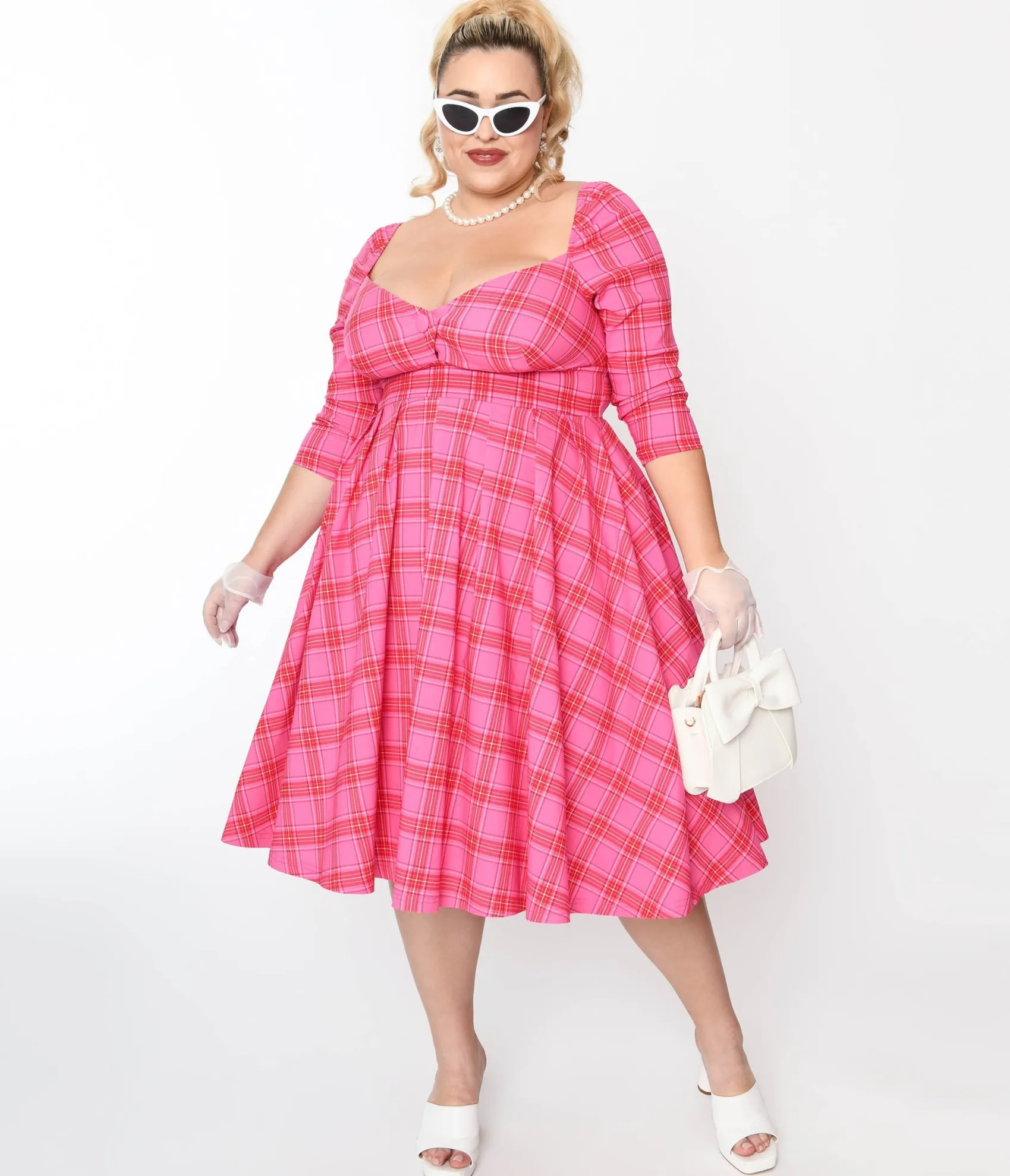 Unique Vintage Plus Size Pink & Red Plaid Lamar Swing Dress Best