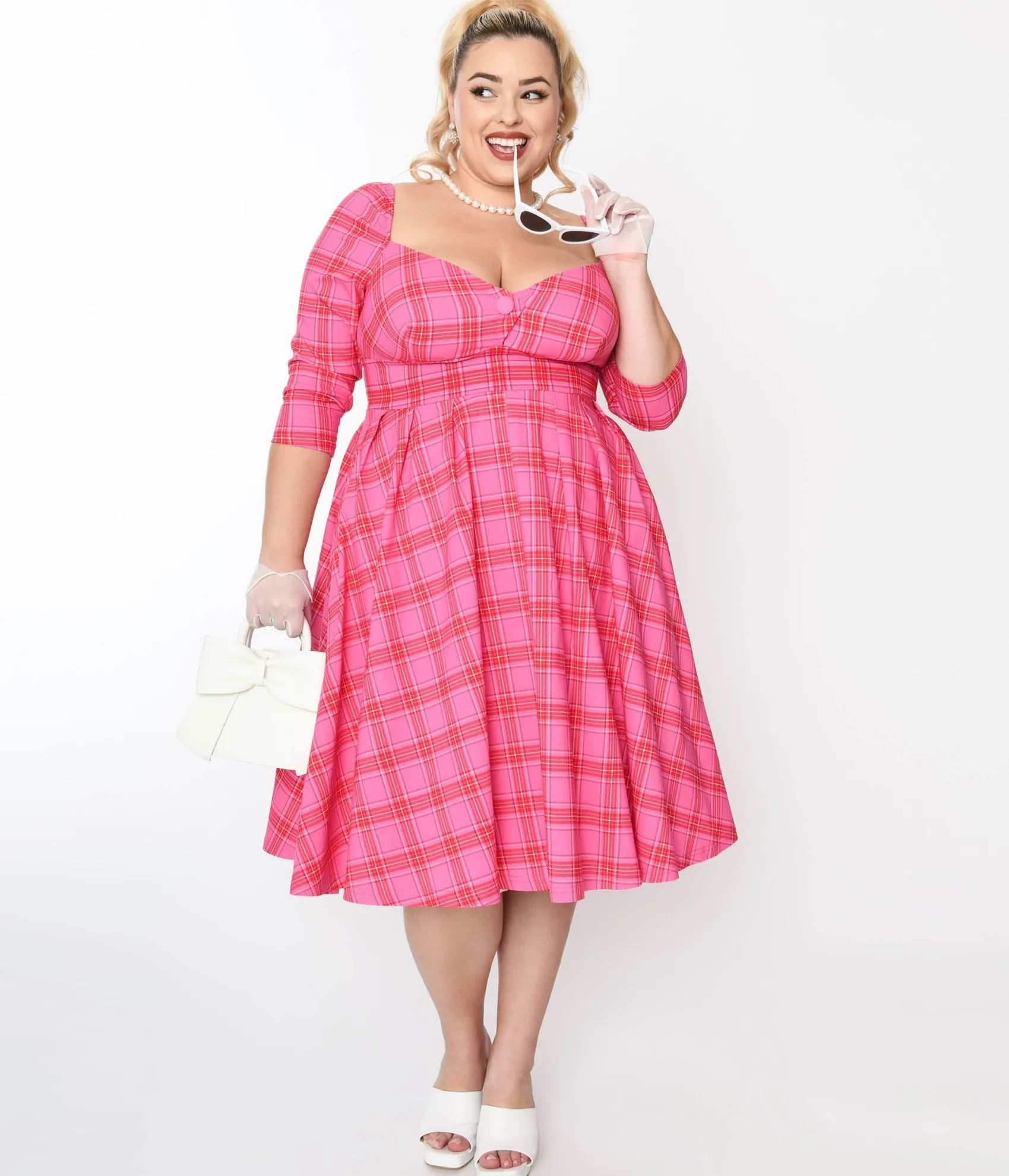 Unique Vintage Plus Size Pink & Red Plaid Lamar Swing Dress Best