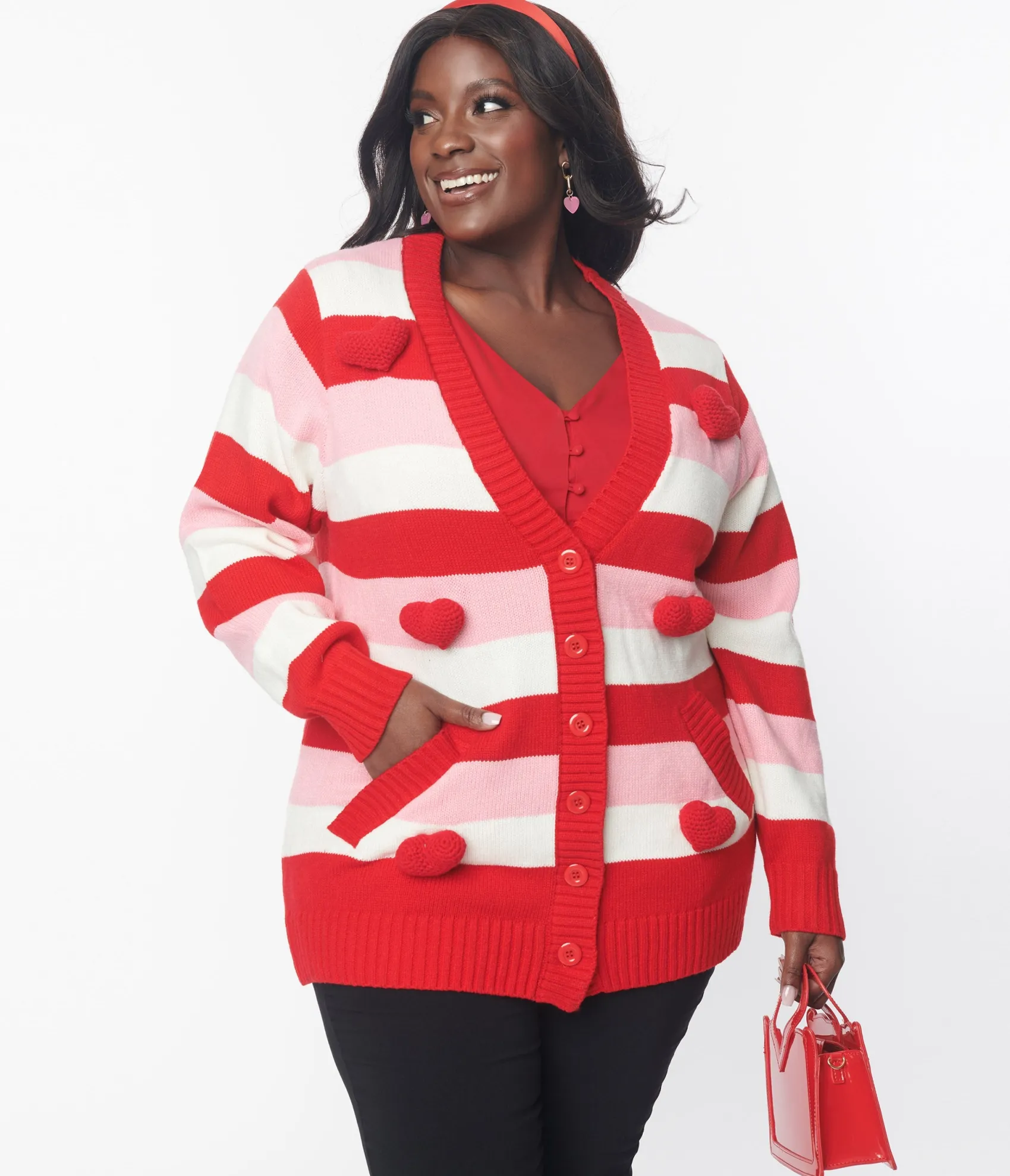 Unique Vintage Plus Size Pink & Red Striped Crochet Hearts Cardigan Clearance