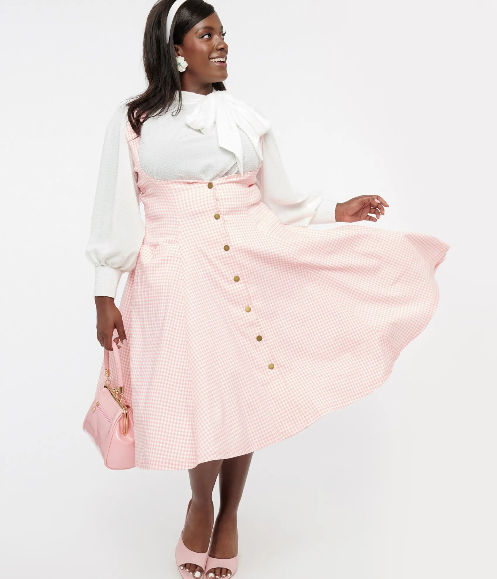 Unique Vintage Plus Size Pink & White Gingham Button Suspender Swing Skirt Cheap