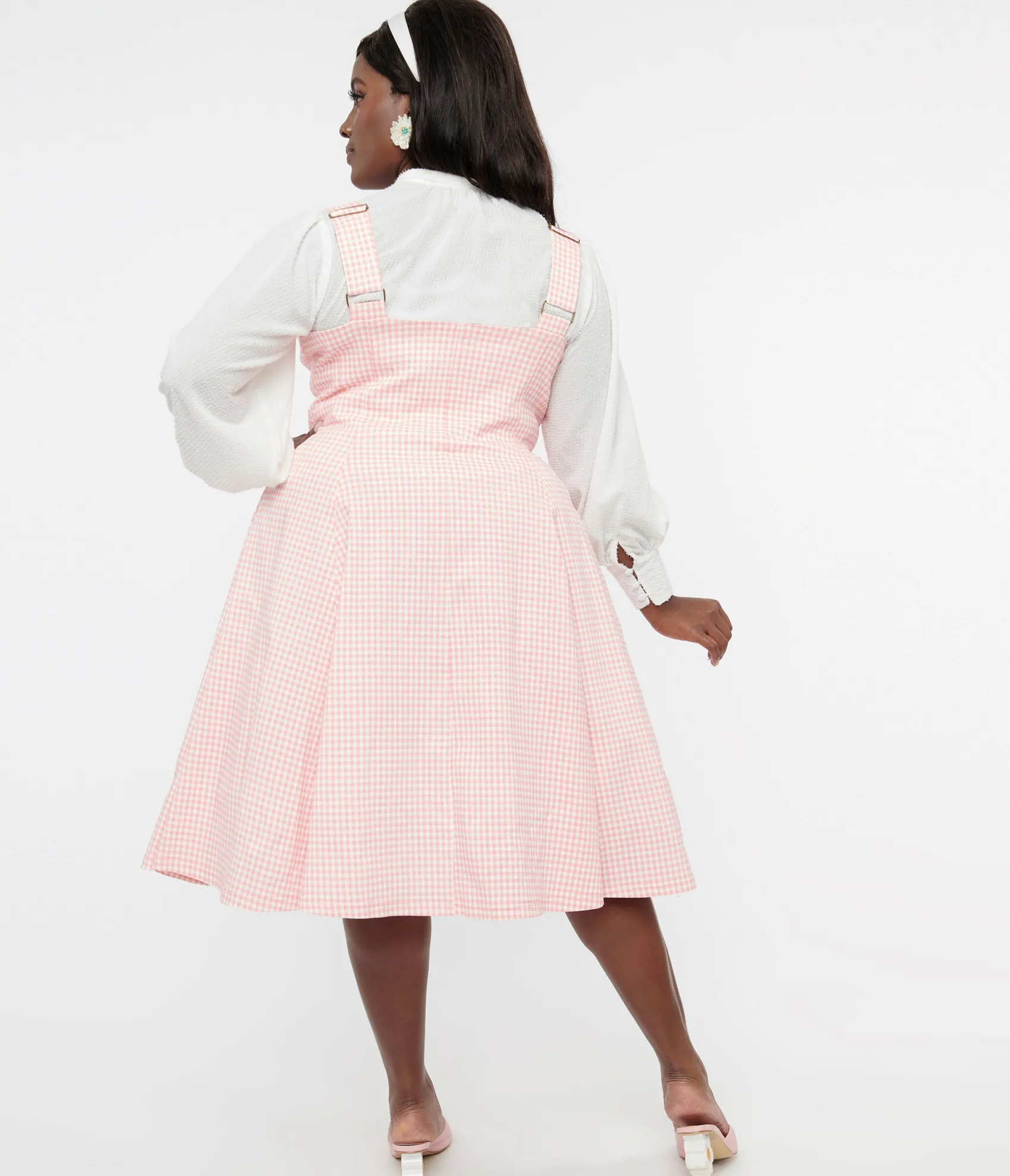 Unique Vintage Plus Size Pink & White Gingham Button Suspender Swing Skirt Cheap