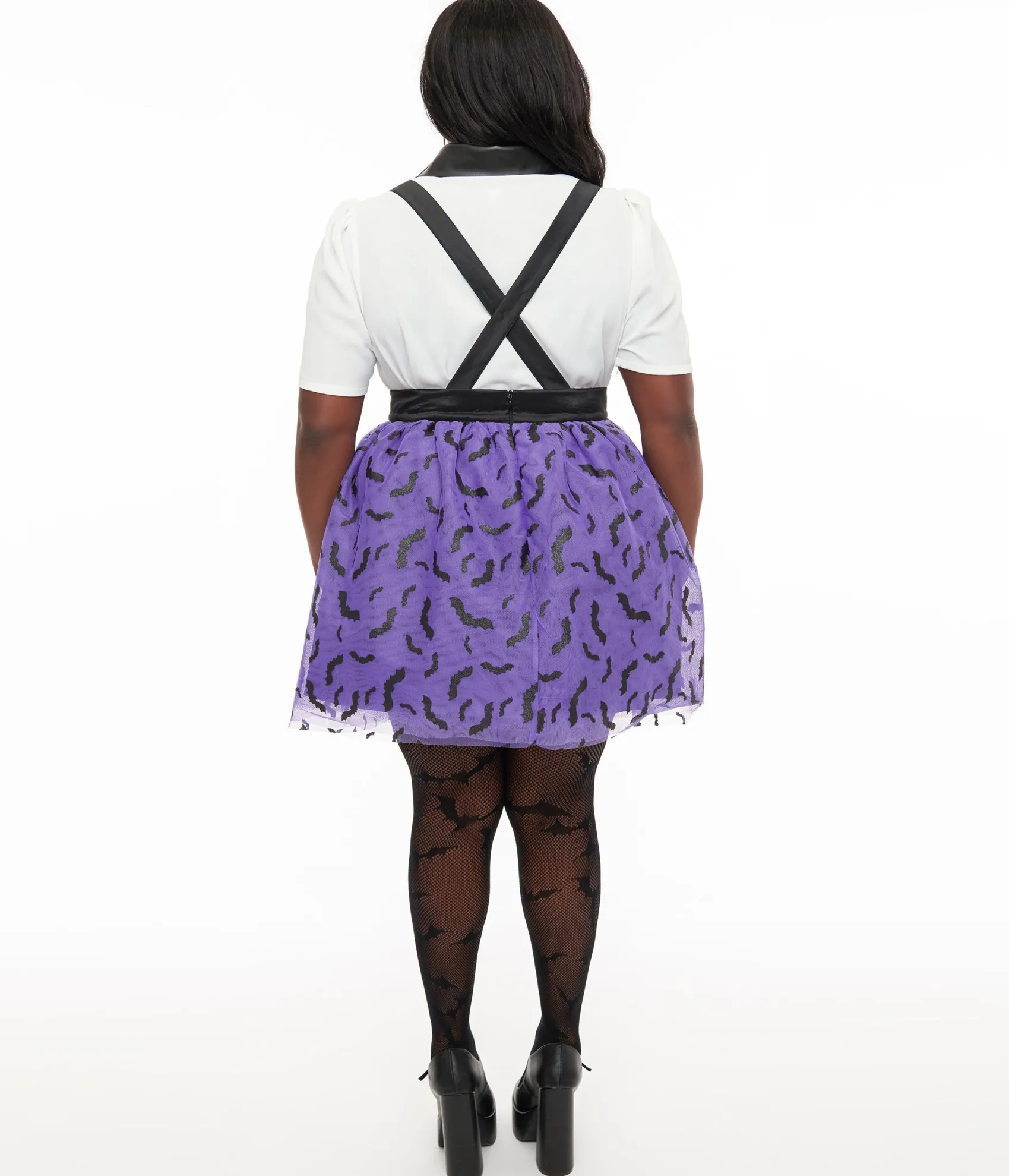 Unique Vintage Plus Size Purple & Black Glitter Bat Print Tulle Suspender Mini Skirt Flash Sale
