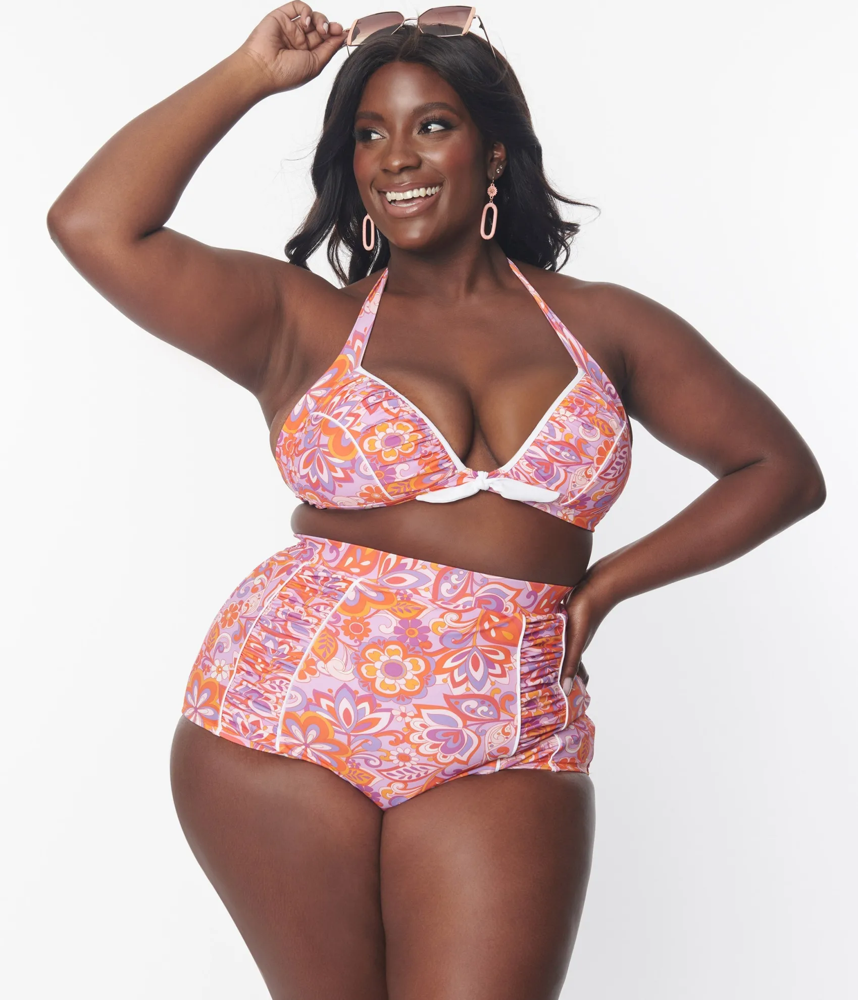 Unique Vintage Plus Size Purple & Orange Bohemian Floral Print Halter Swim Top Best Sale