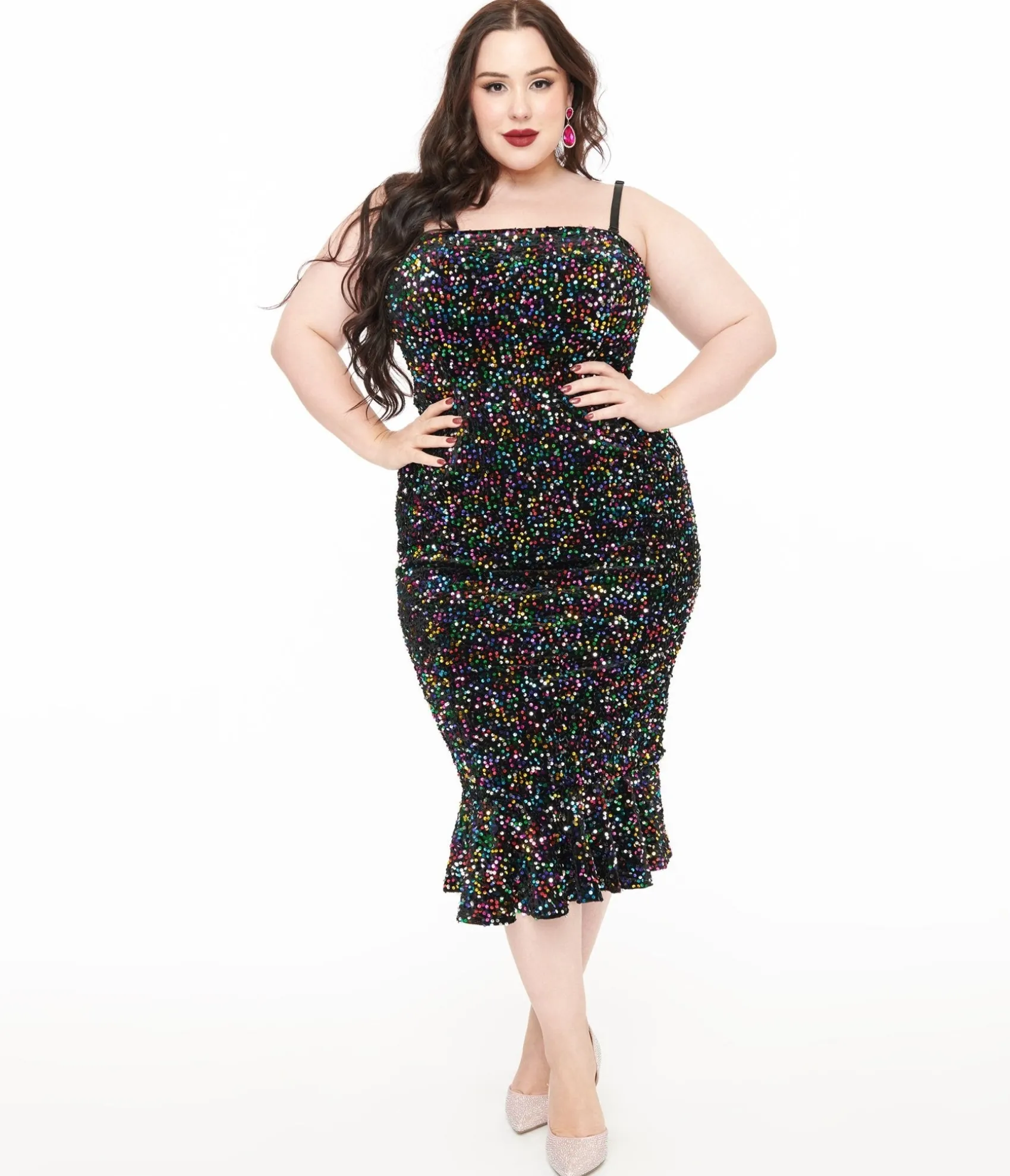 Unique Vintage Plus Size Rainbow Sequin Strapless Spotlight Wiggle Dress Cheap