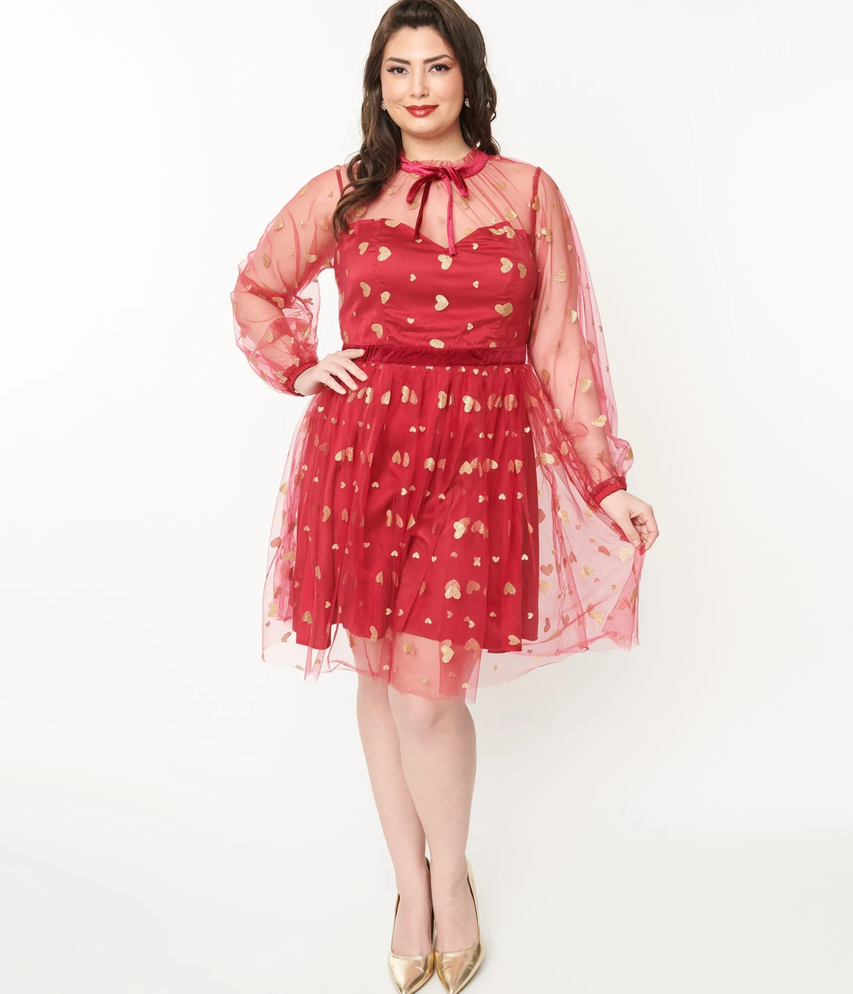 Unique Vintage Plus Size Red & Gold Glitter Heart Flare Dress Shop